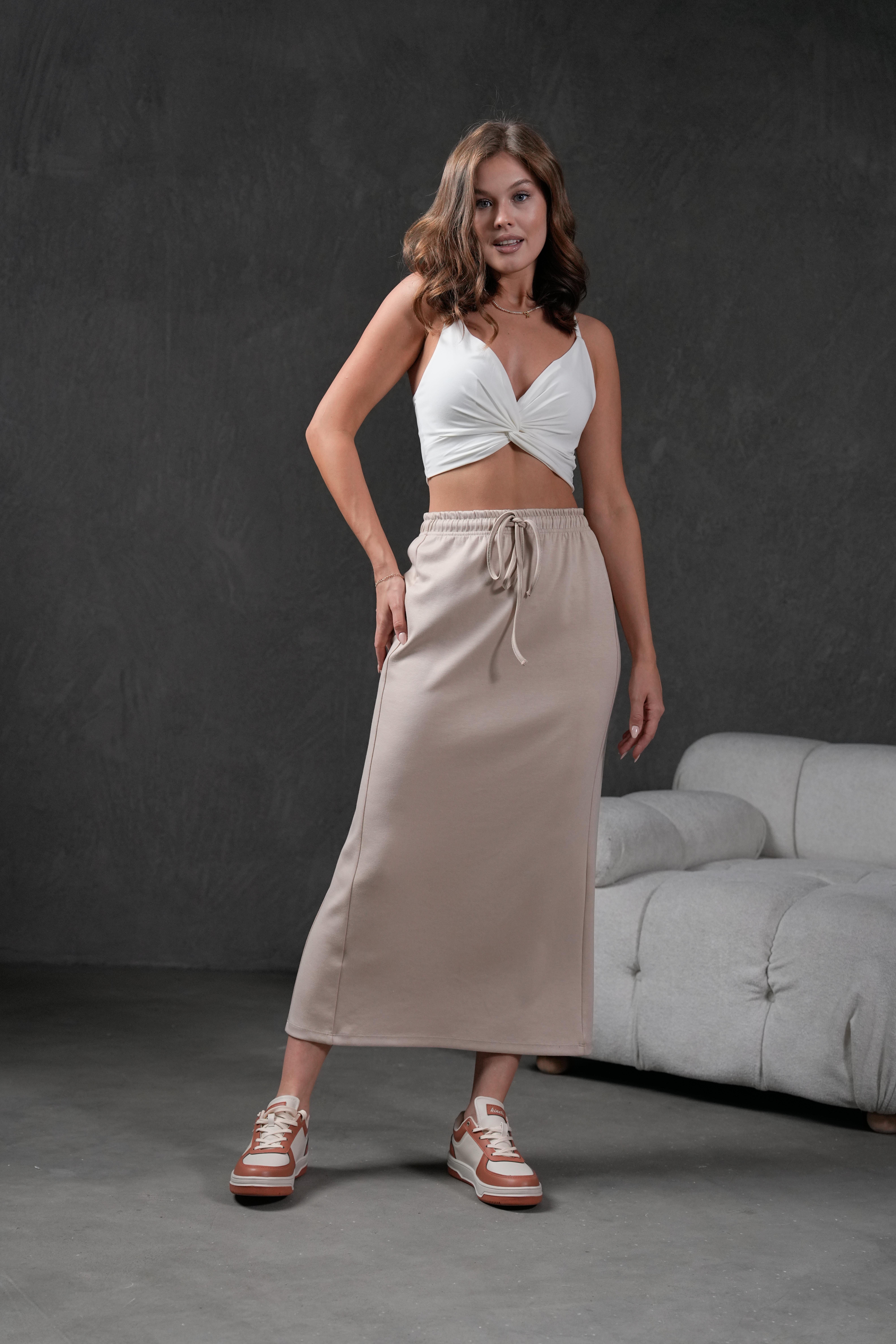  Taş Örme Modal Beli Lastikli Yırtmaçlı Uzun Kadın Etek 28035