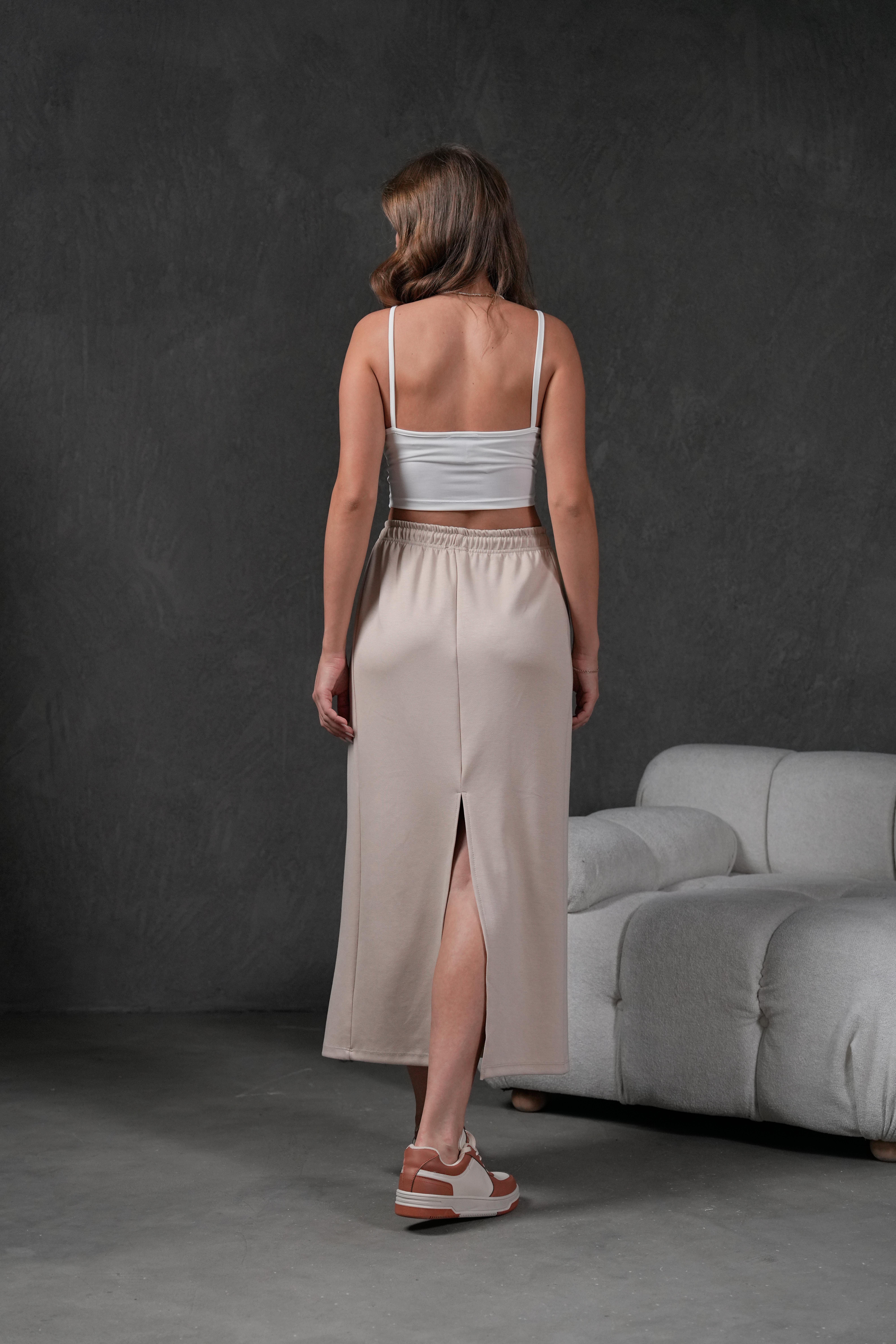  Taş Örme Modal Beli Lastikli Yırtmaçlı Uzun Kadın Etek 28035