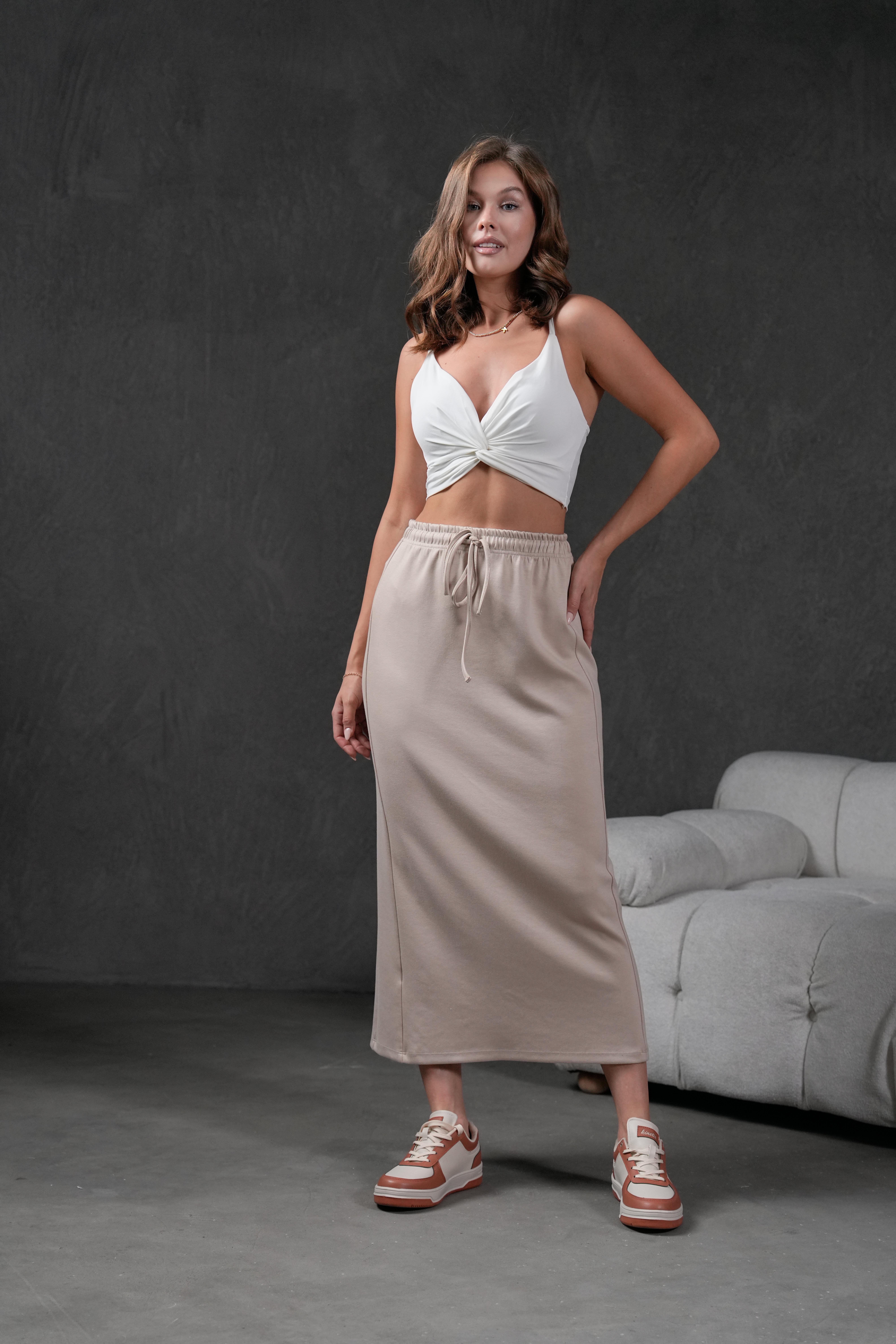  Taş Örme Modal Beli Lastikli Yırtmaçlı Uzun Kadın Etek 28035