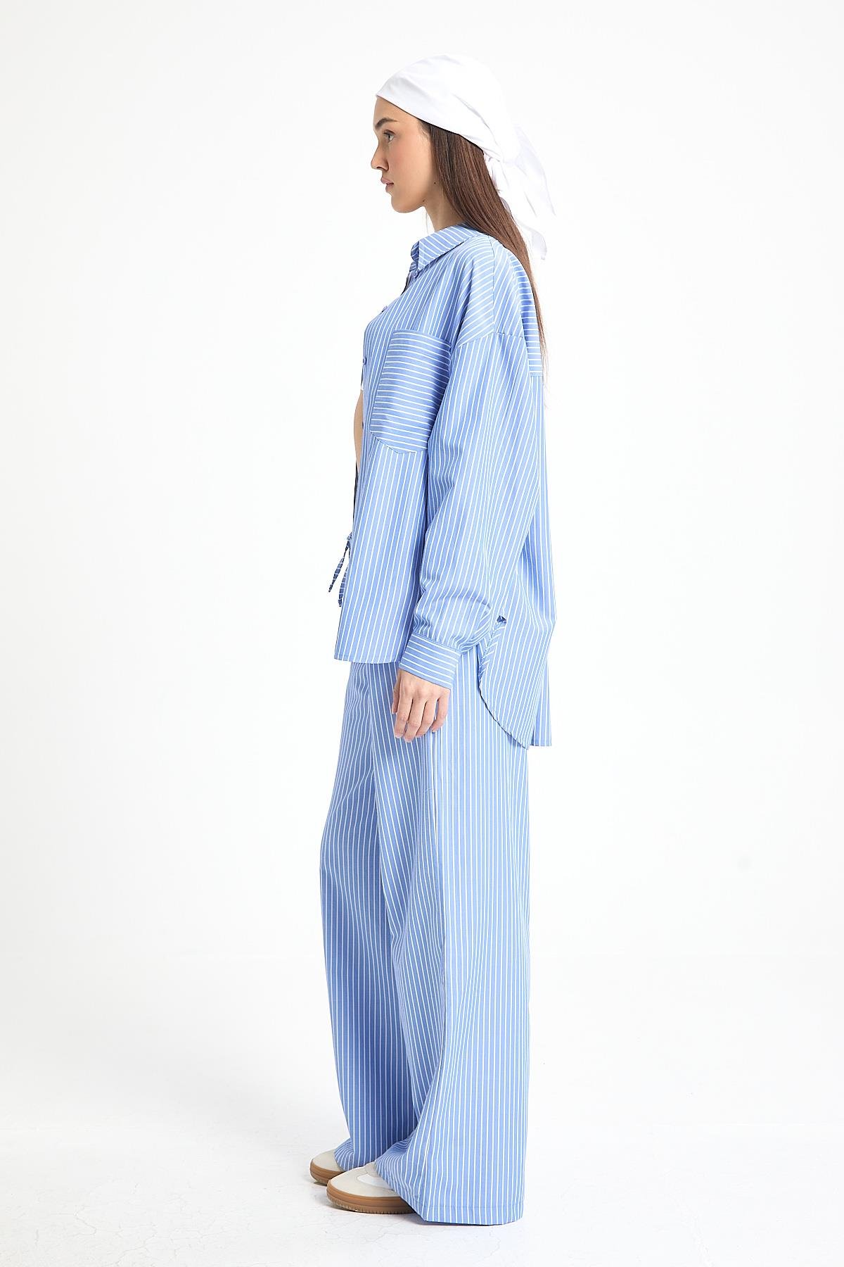 Agethe Çizgili Gömlek/Pantolon Takım Mavi