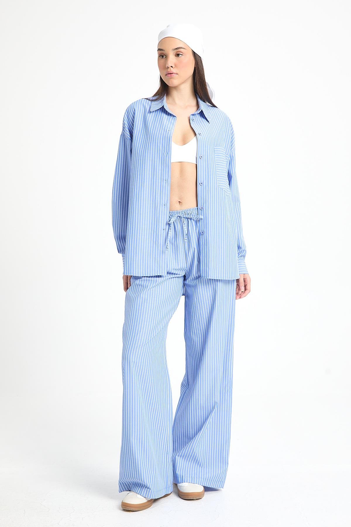 Agethe Çizgili Gömlek/Pantolon Takım Mavi