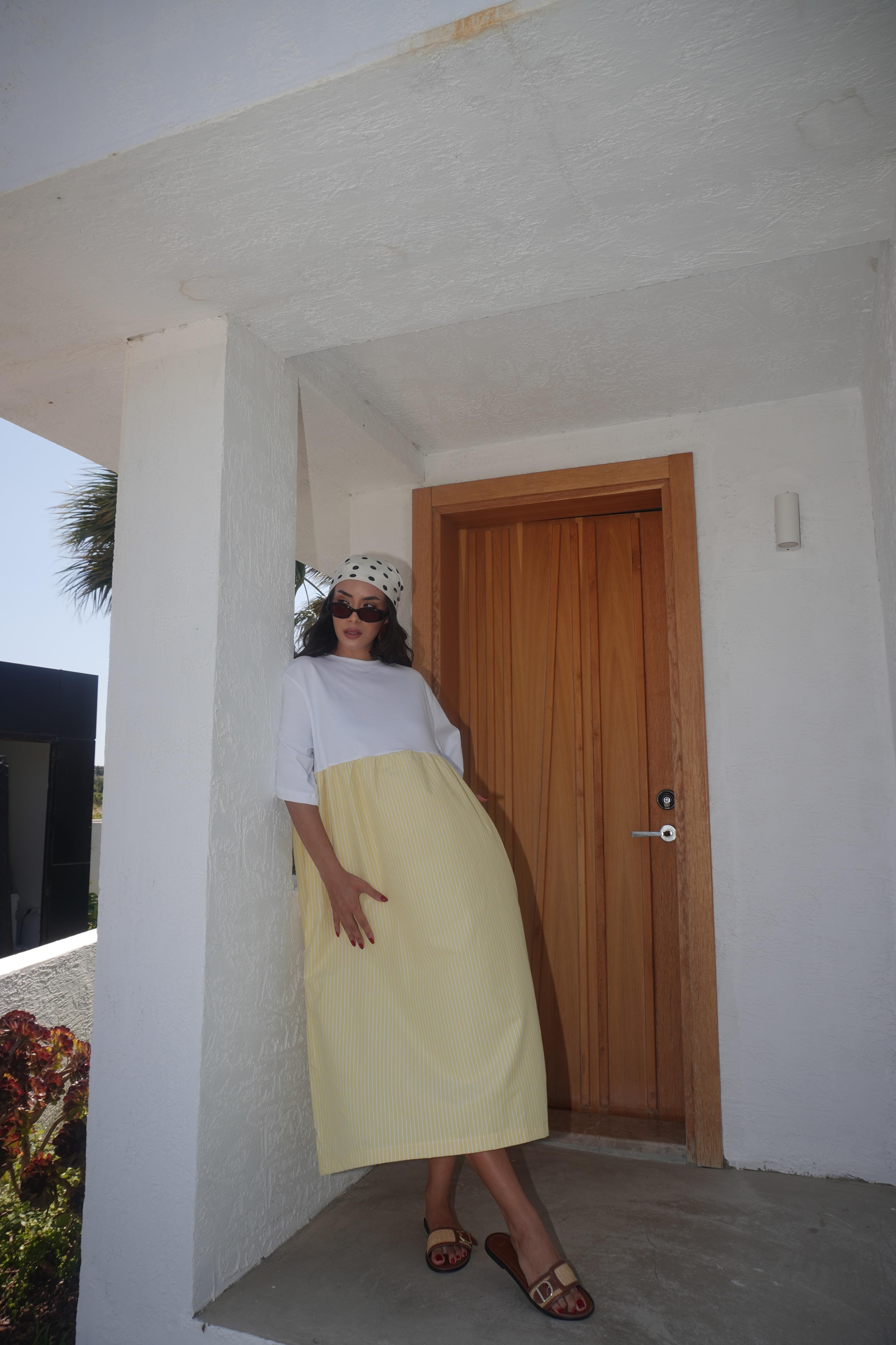 Aure Oversize Çizgili Elbise Sarı