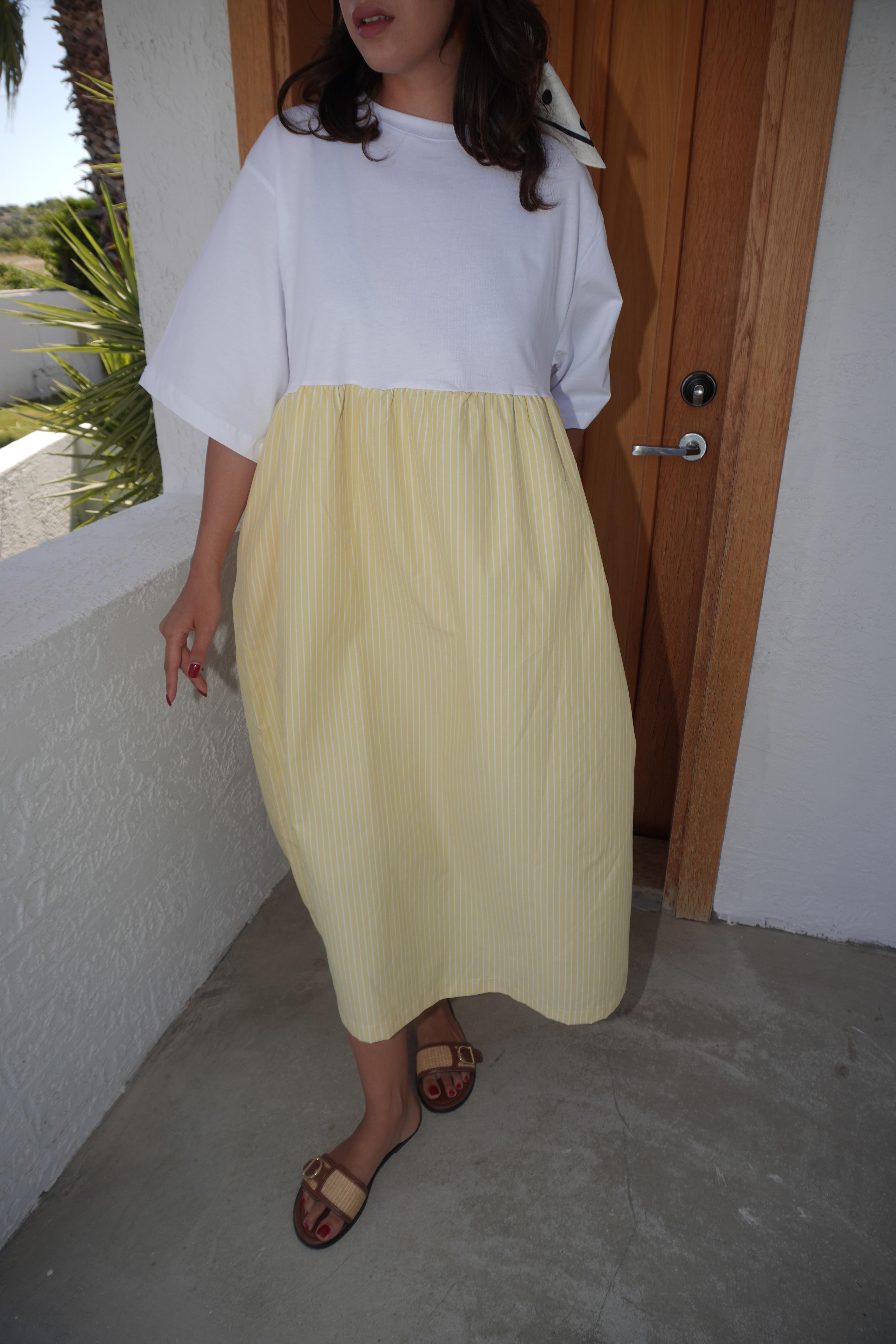 Aure Oversize Çizgili Elbise Sarı