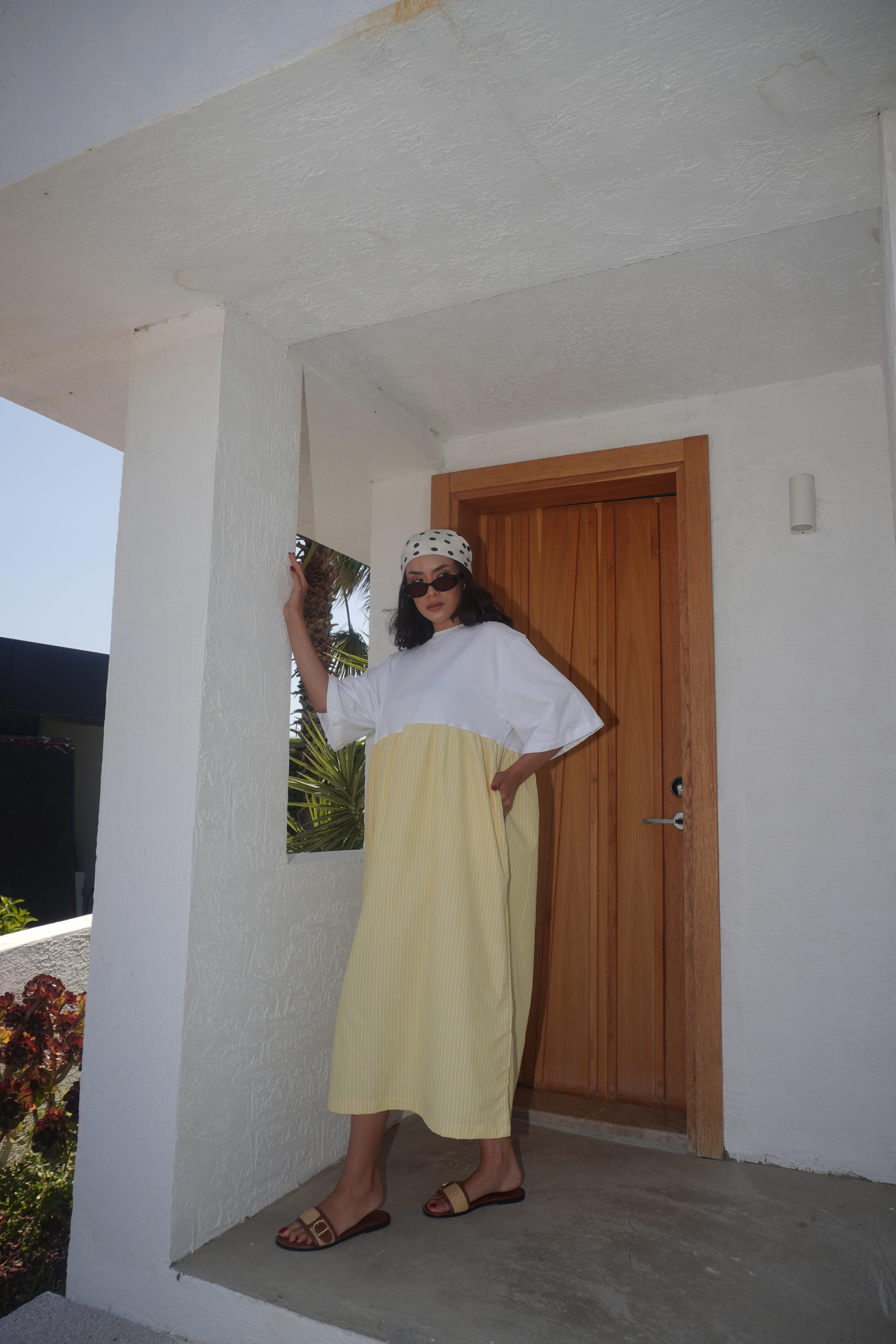 Aure Oversize Çizgili Elbise Sarı