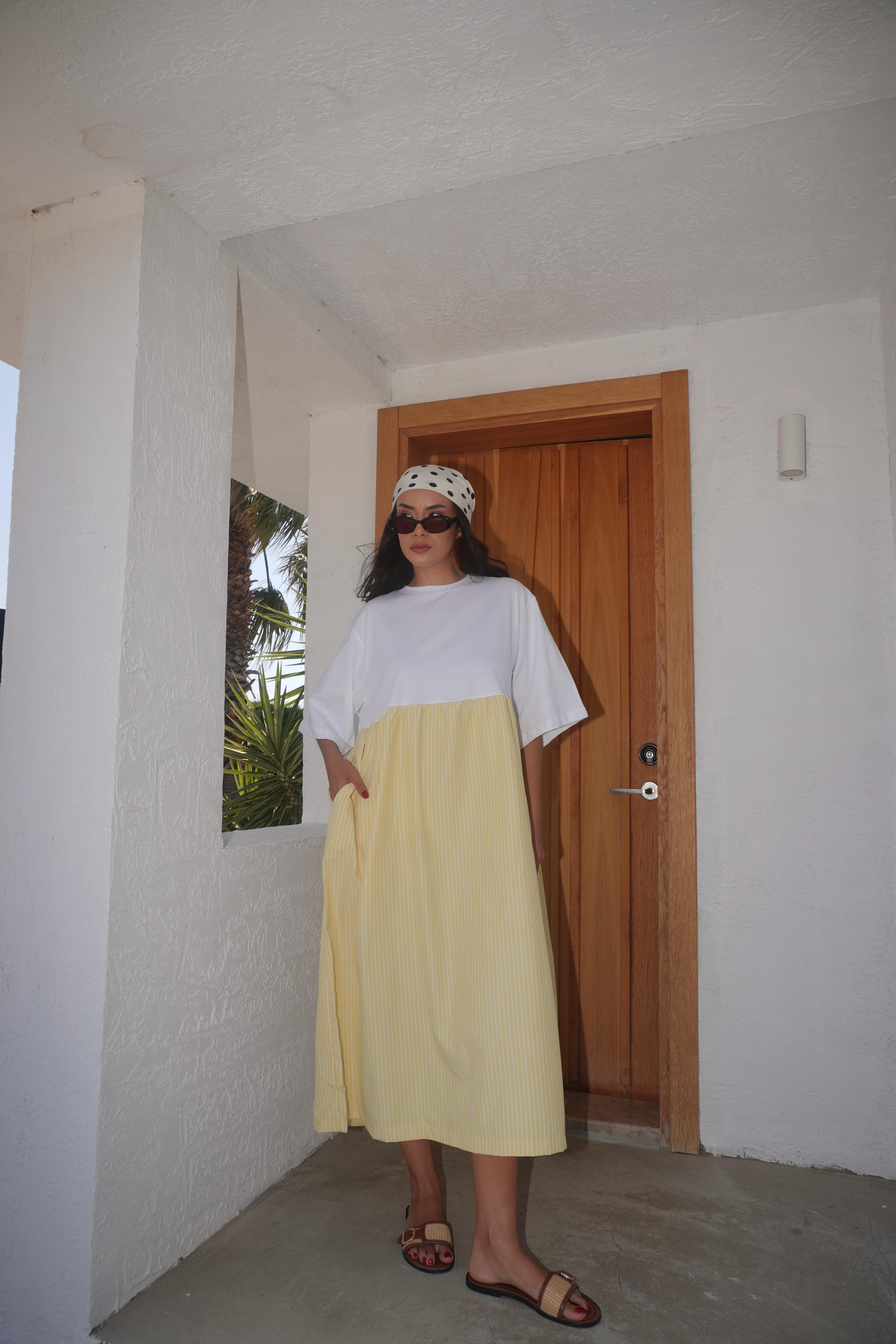 Aure Oversize Çizgili Elbise Sarı