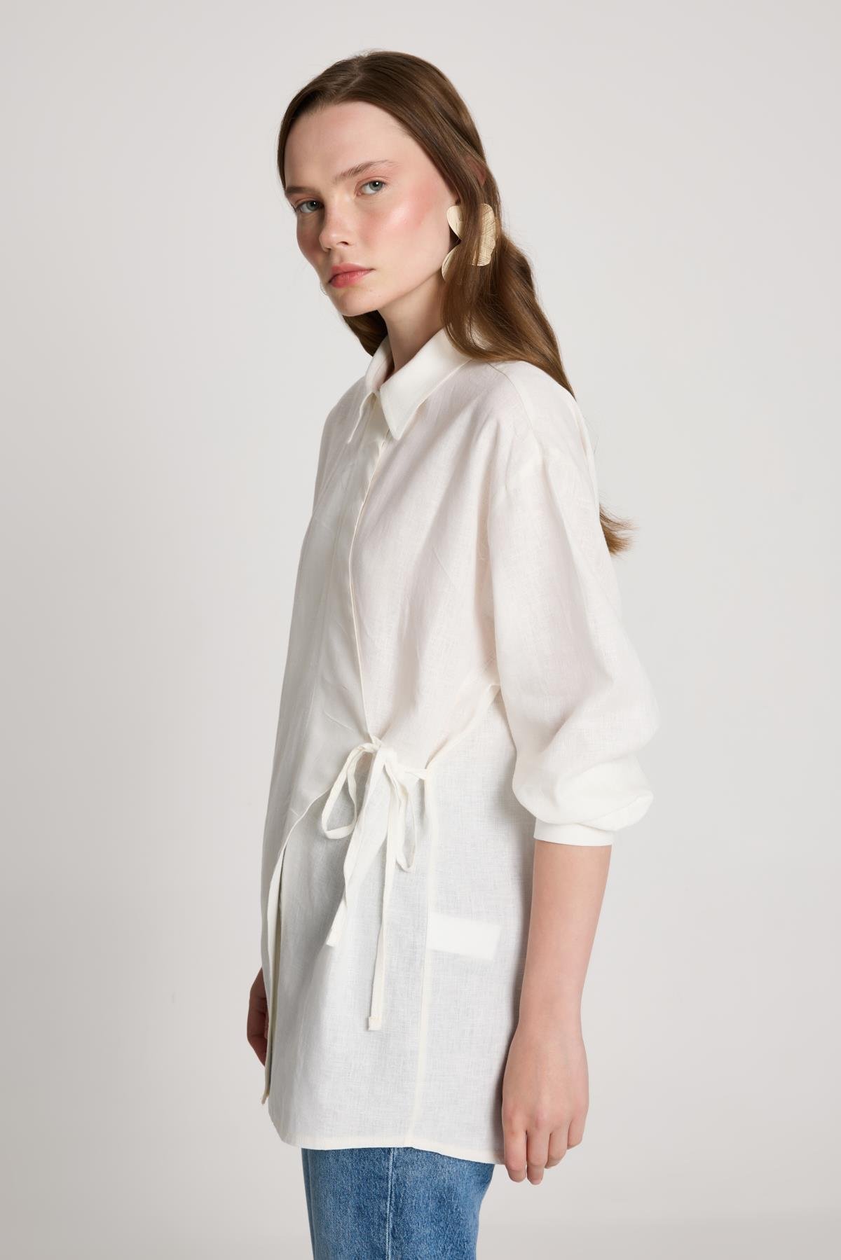 Barley Keten Bağlamalı Gömlek Beyaz