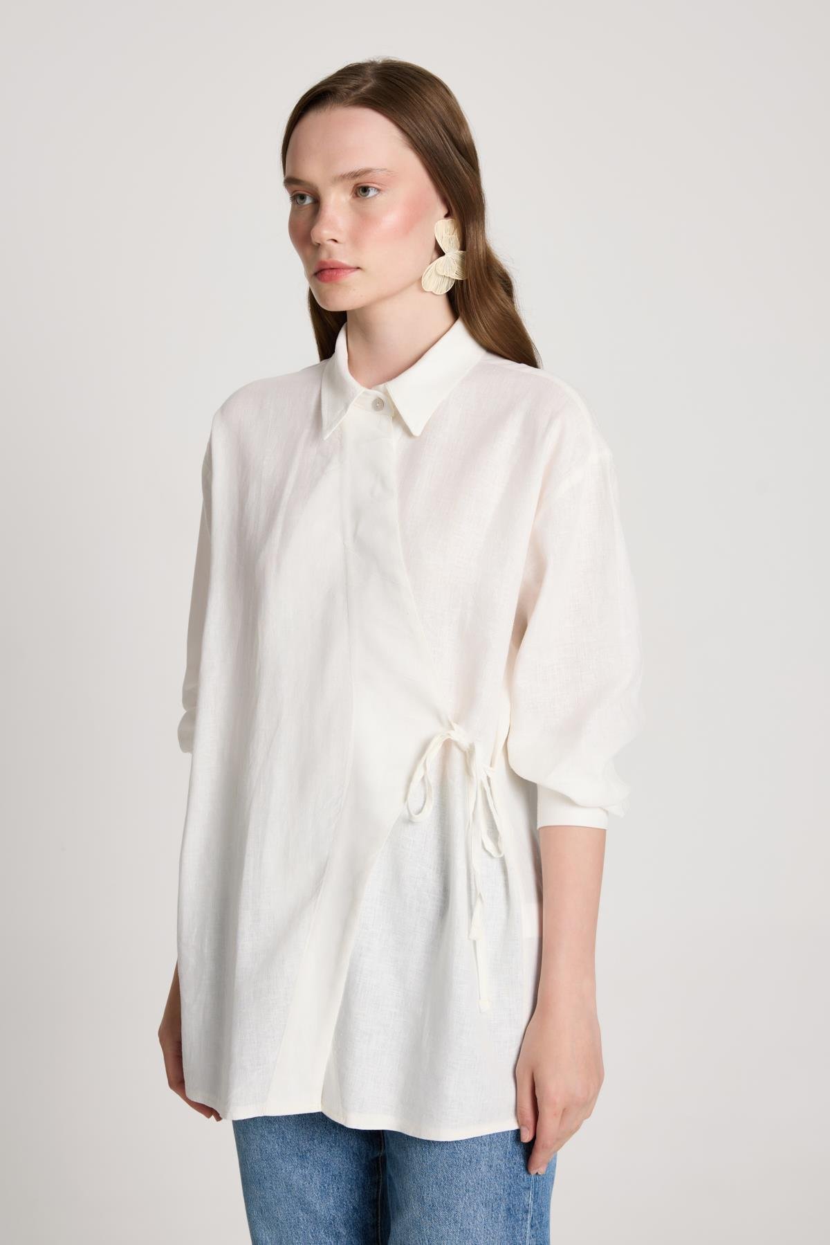 Barley Keten Bağlamalı Gömlek Beyaz