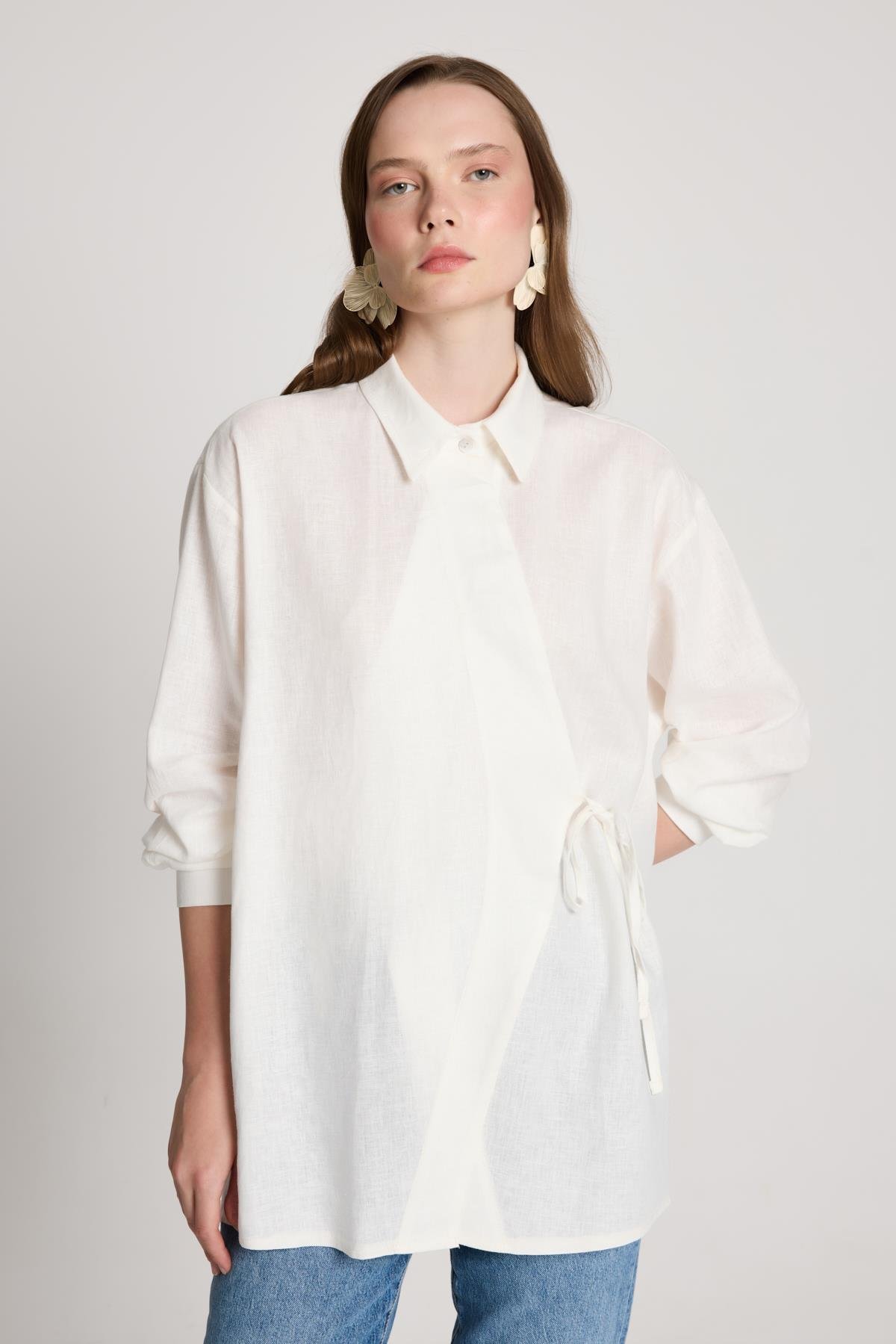 Barley Keten Bağlamalı Gömlek Beyaz