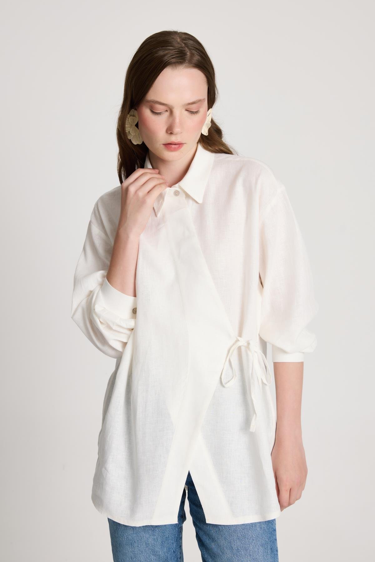 Barley Keten Bağlamalı Gömlek Beyaz