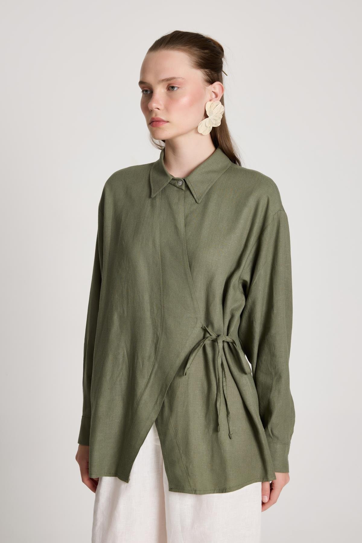 Barley Keten Bağlamalı Gömlek Haki