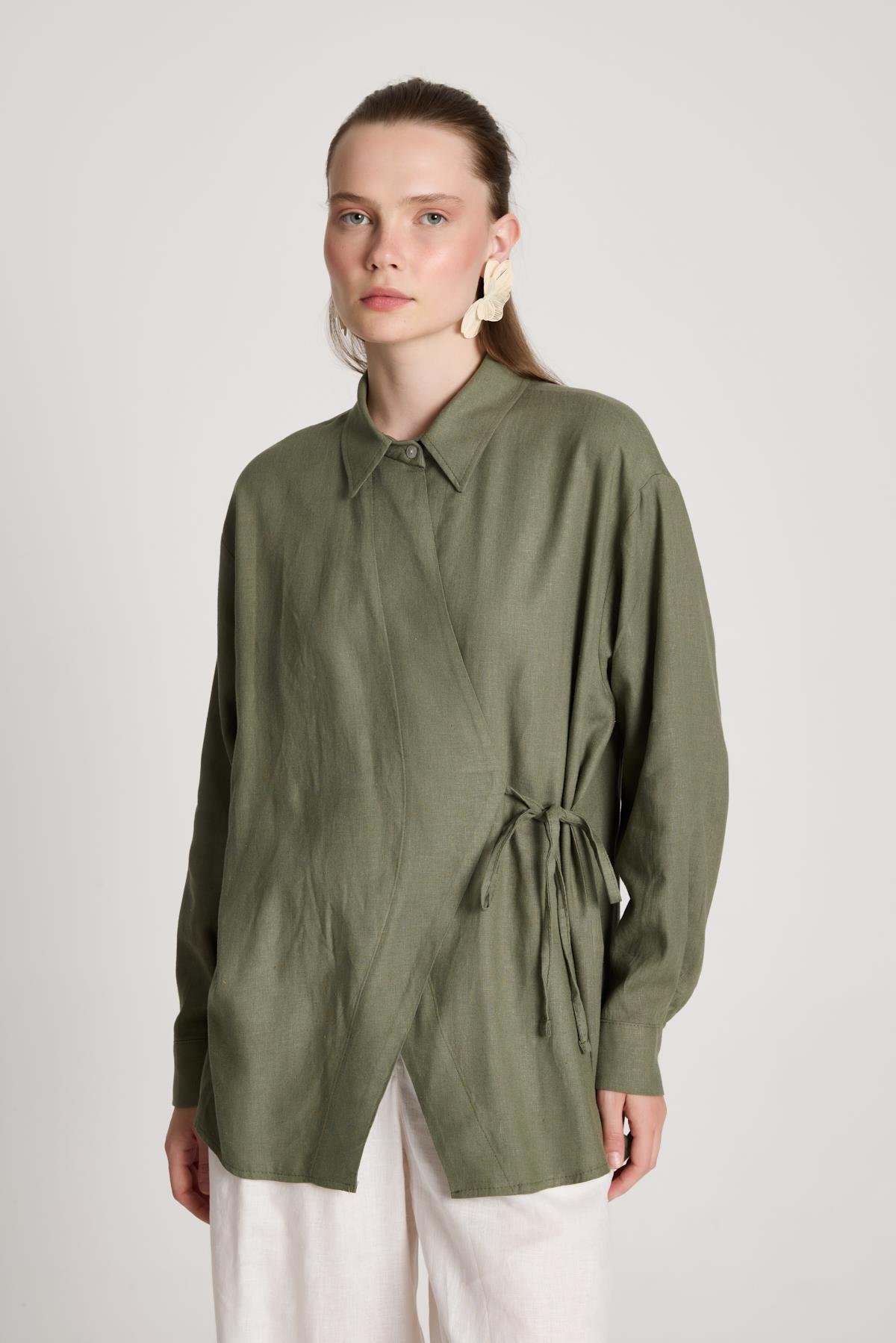 Barley Keten Bağlamalı Gömlek Haki