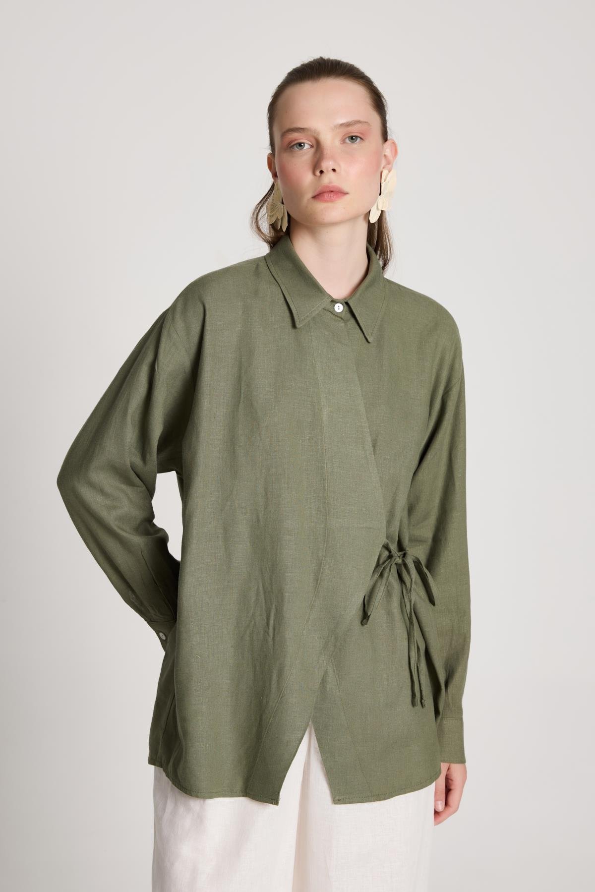 Barley Keten Bağlamalı Gömlek Haki