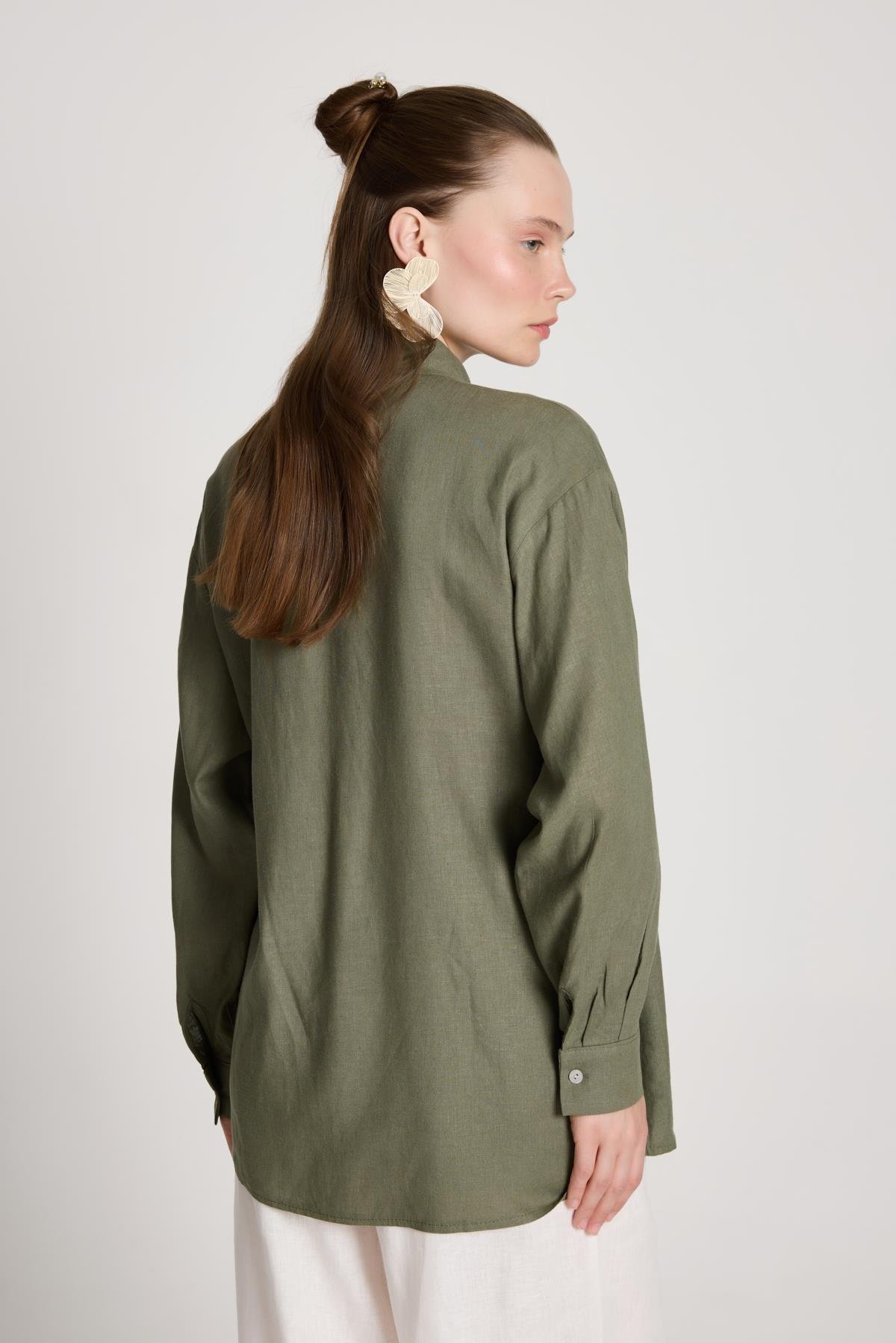 Barley Keten Bağlamalı Gömlek Haki