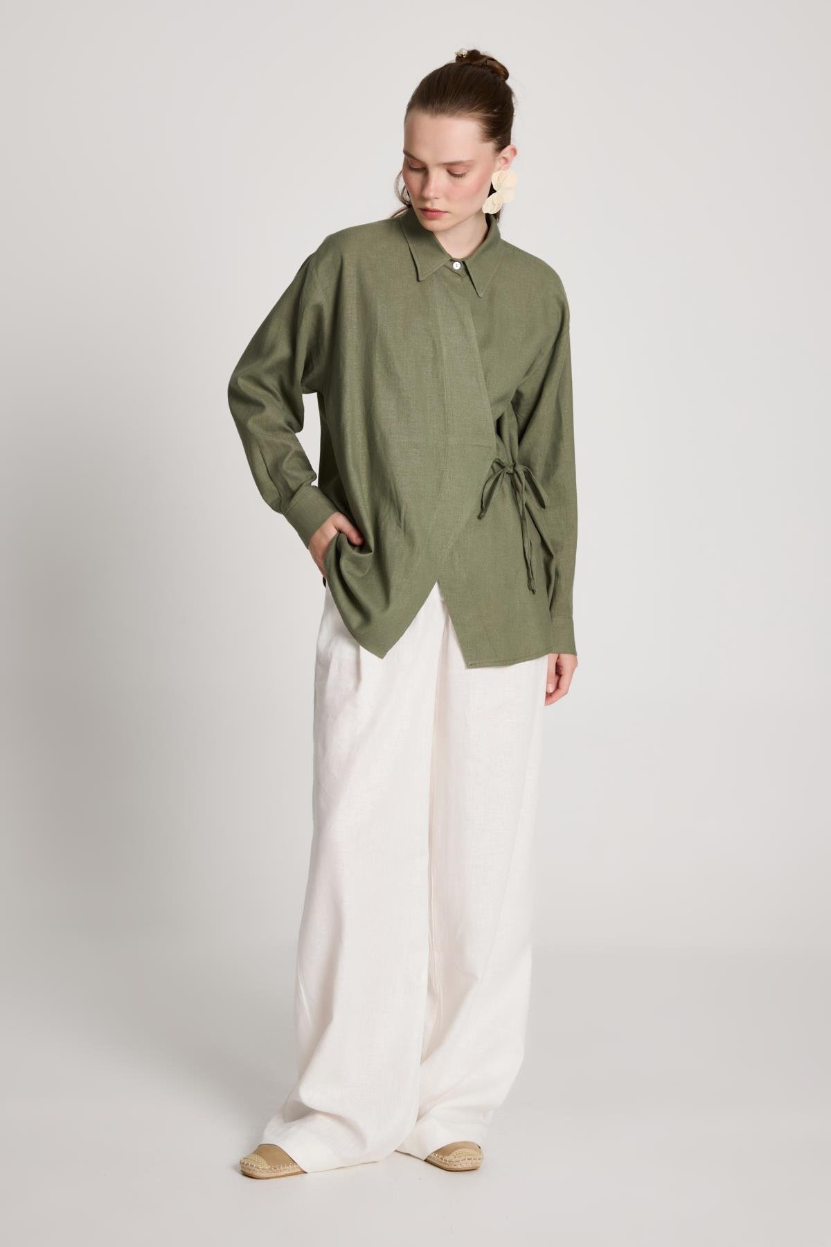 Barley Keten Bağlamalı Gömlek Haki