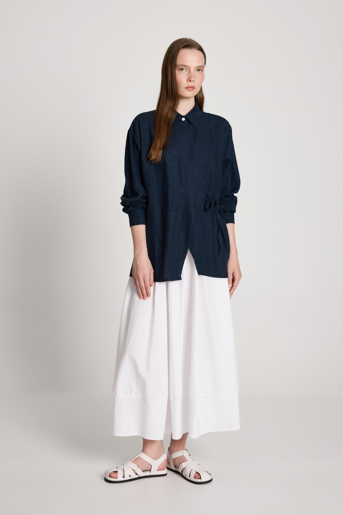 Barley Keten Bağlamalı Gömlek Lacivert