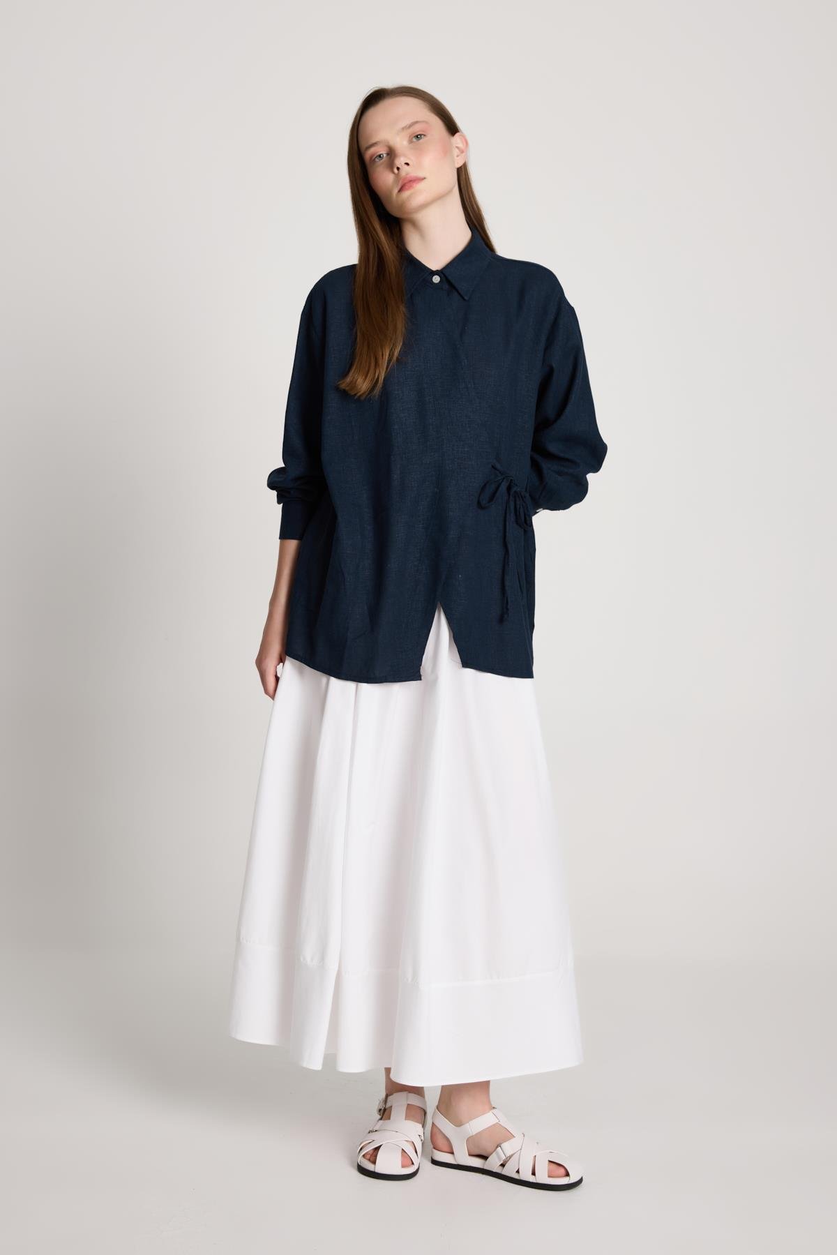 Barley Keten Bağlamalı Gömlek Lacivert