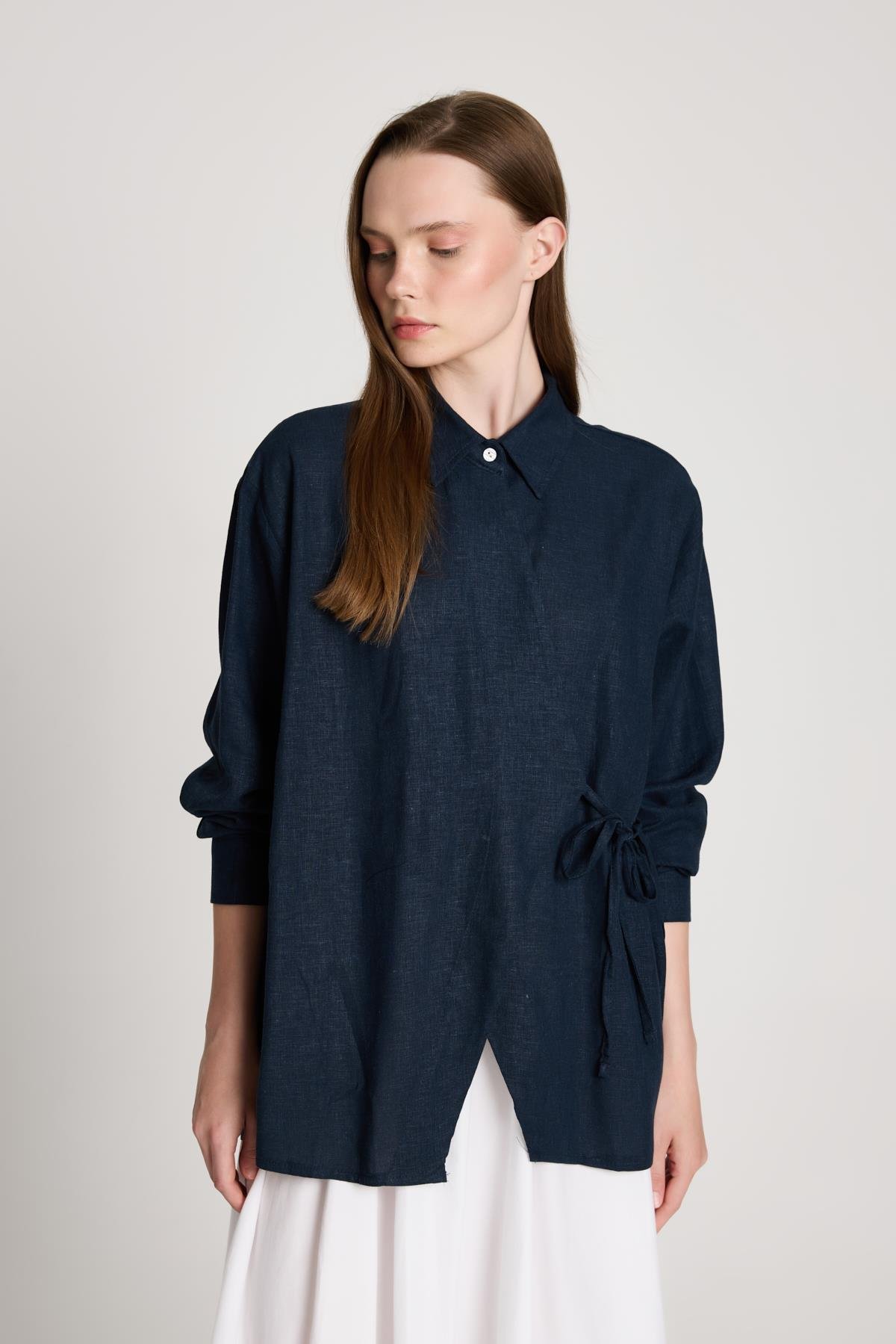 Barley Keten Bağlamalı Gömlek Lacivert