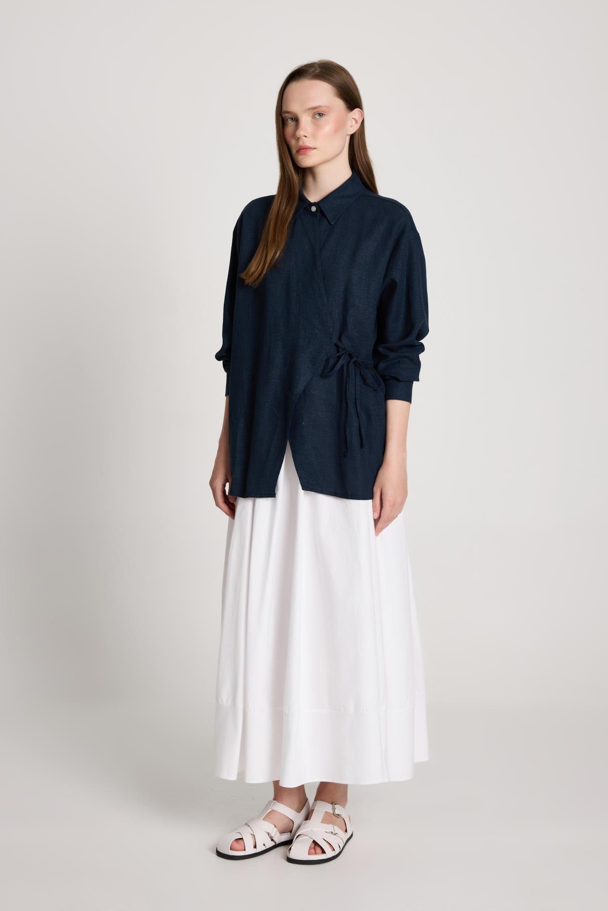 Barley Keten Bağlamalı Gömlek Lacivert