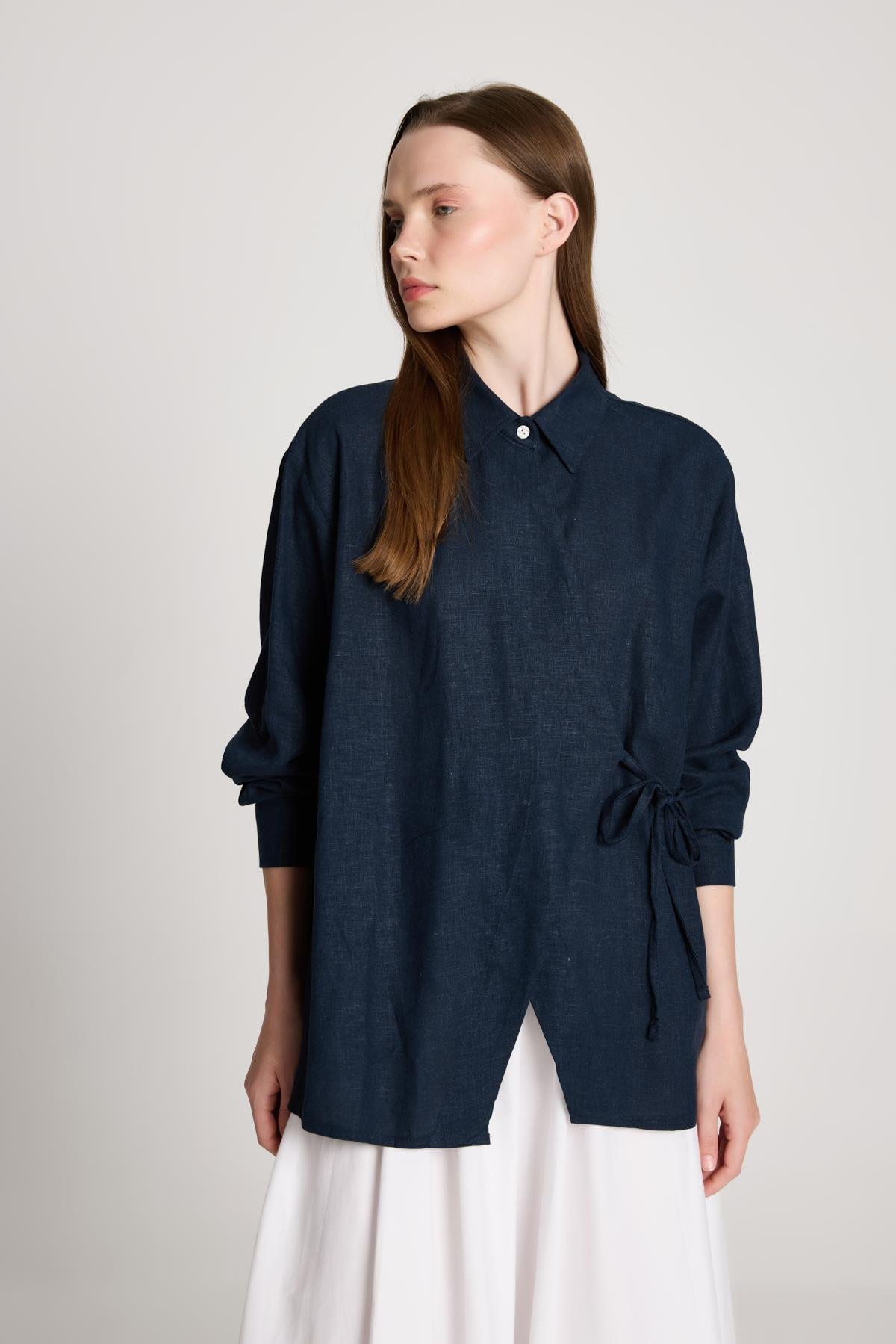 Barley Keten Bağlamalı Gömlek Lacivert