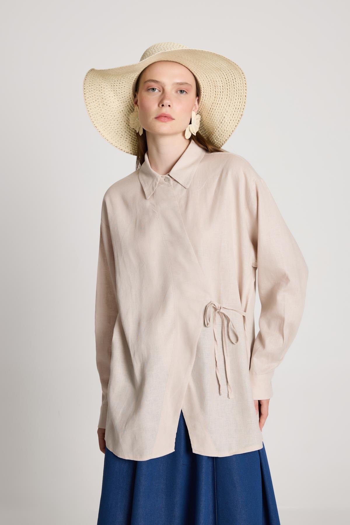 Barley Keten Bağlamalı Gömlek Taş