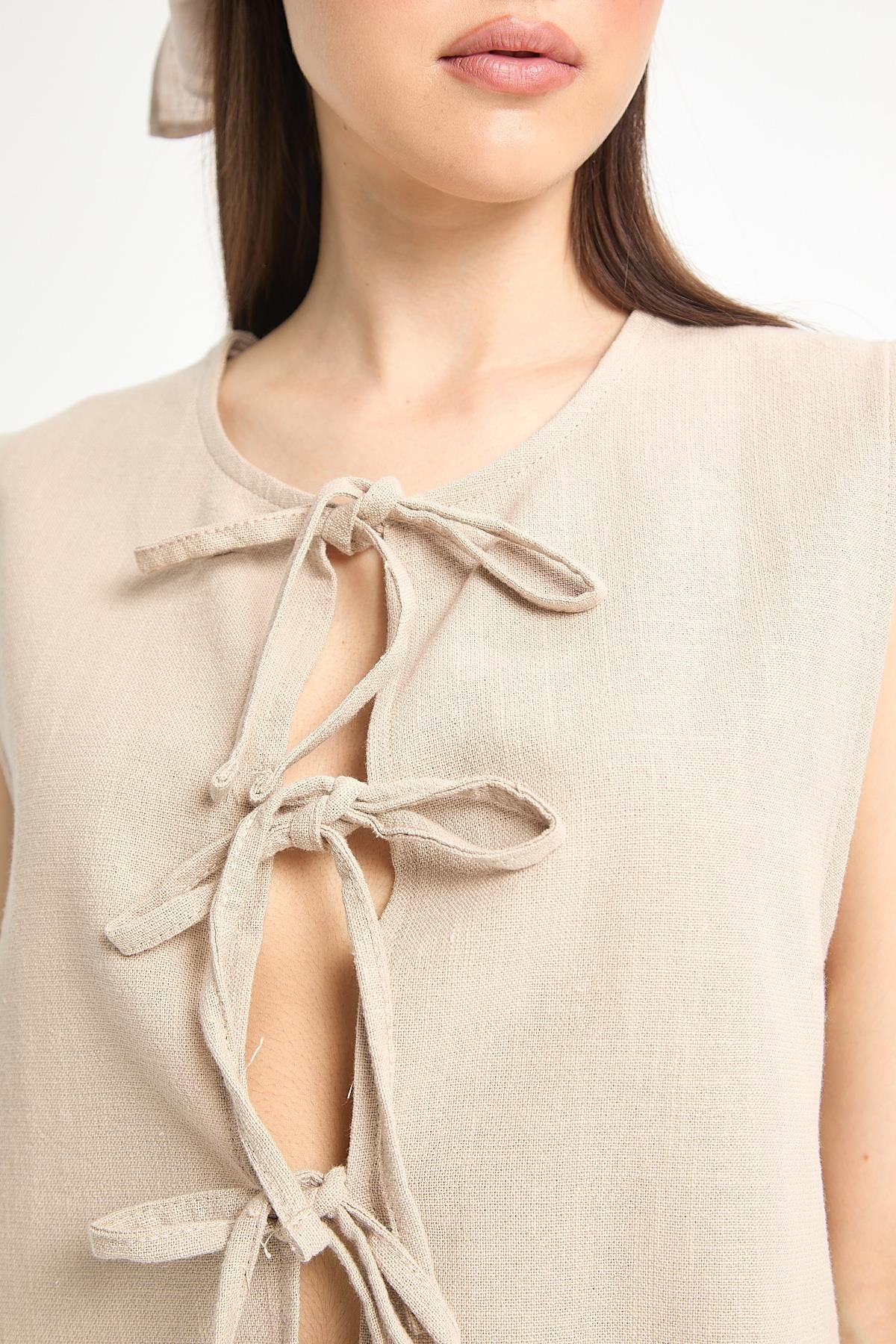 Bej Bağcıklı Kısa %100 Pamuk Yelek 29204