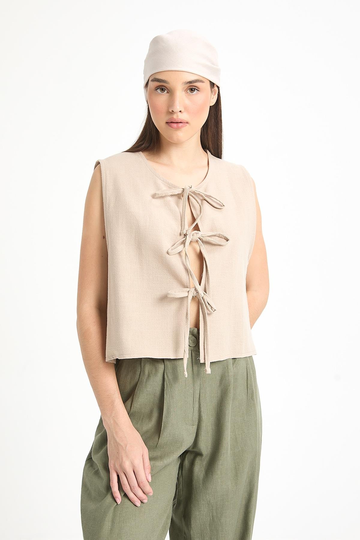 Bej Bağcıklı Kısa %100 Pamuk Yelek 29204