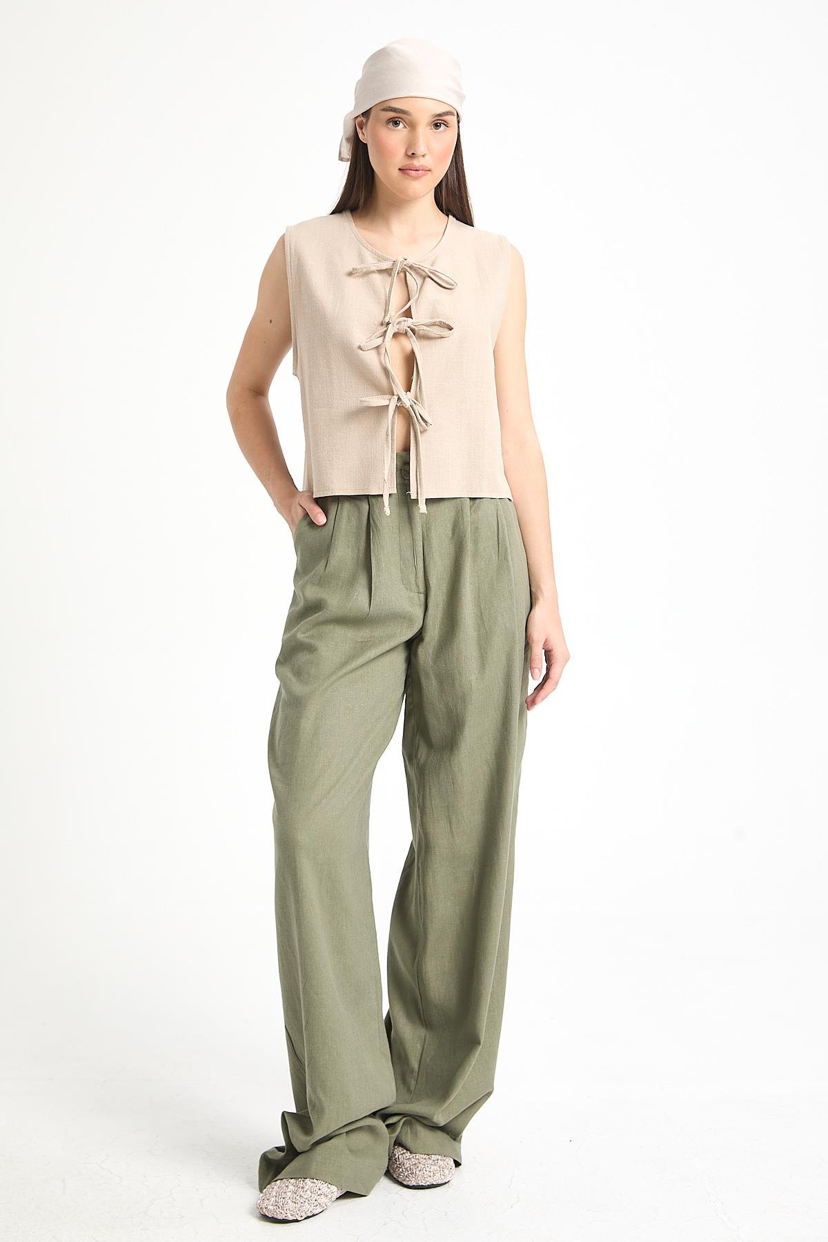 Bej Bağcıklı Kısa %100 Pamuk Yelek 29204