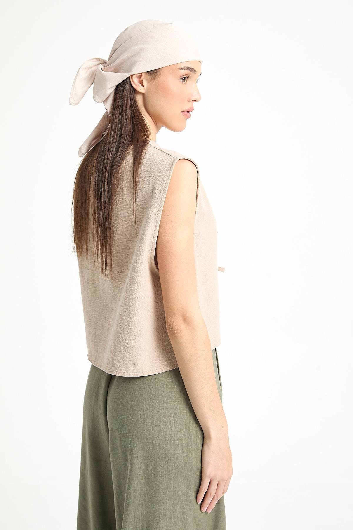 Bej Bağcıklı Kısa %100 Pamuk Yelek 29204