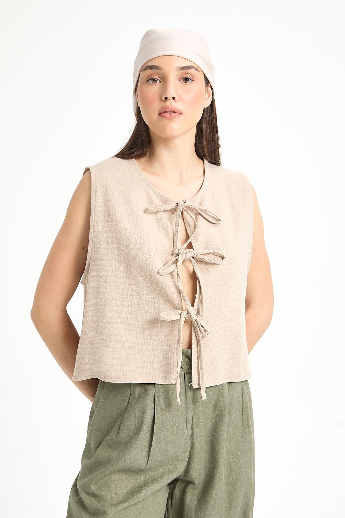 Bej Bağcıklı Kısa %100 Pamuk Yelek 29204