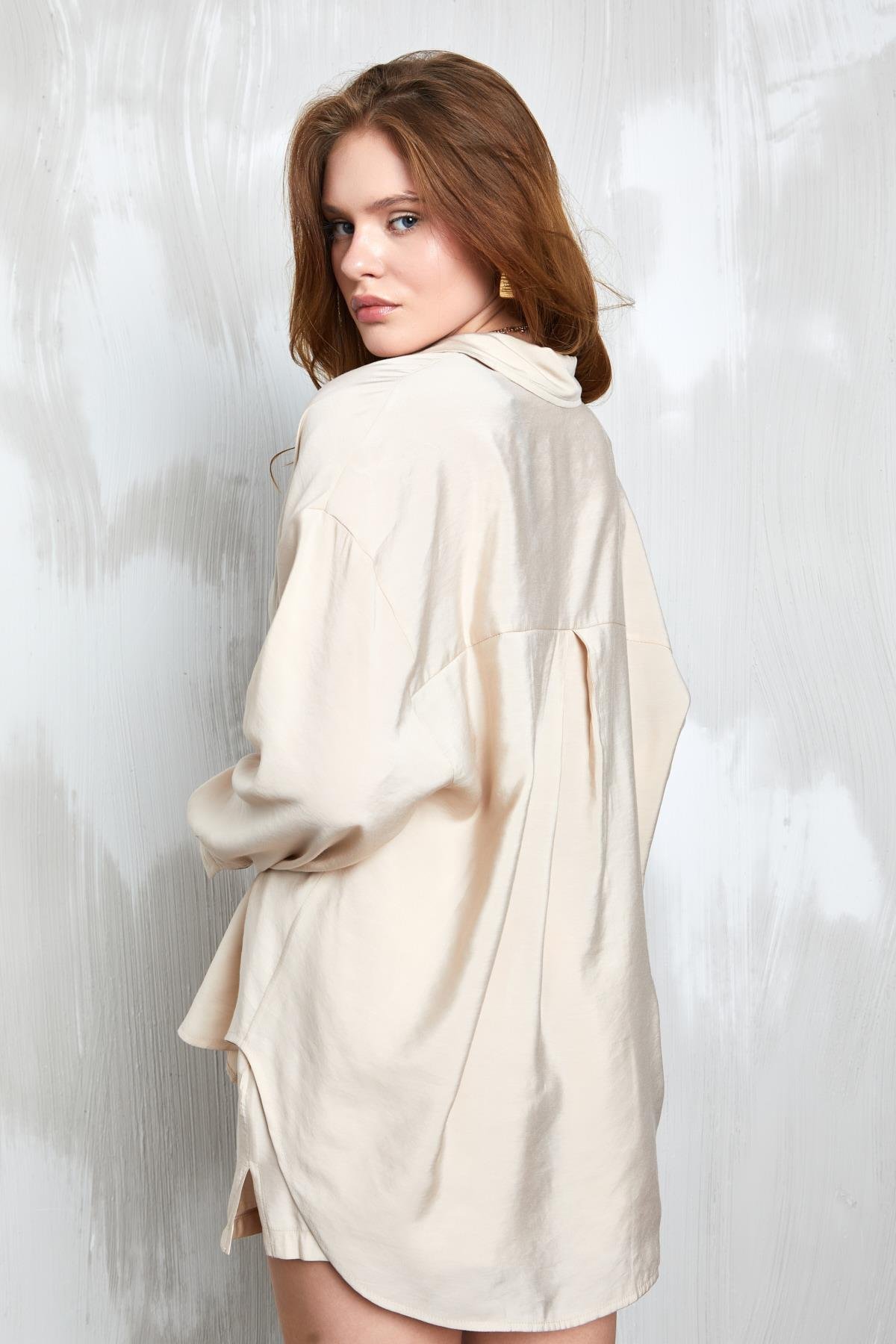 Bej Modal Kumaş Oversize Gömlek/Şort Alt-Üst Takım 27376