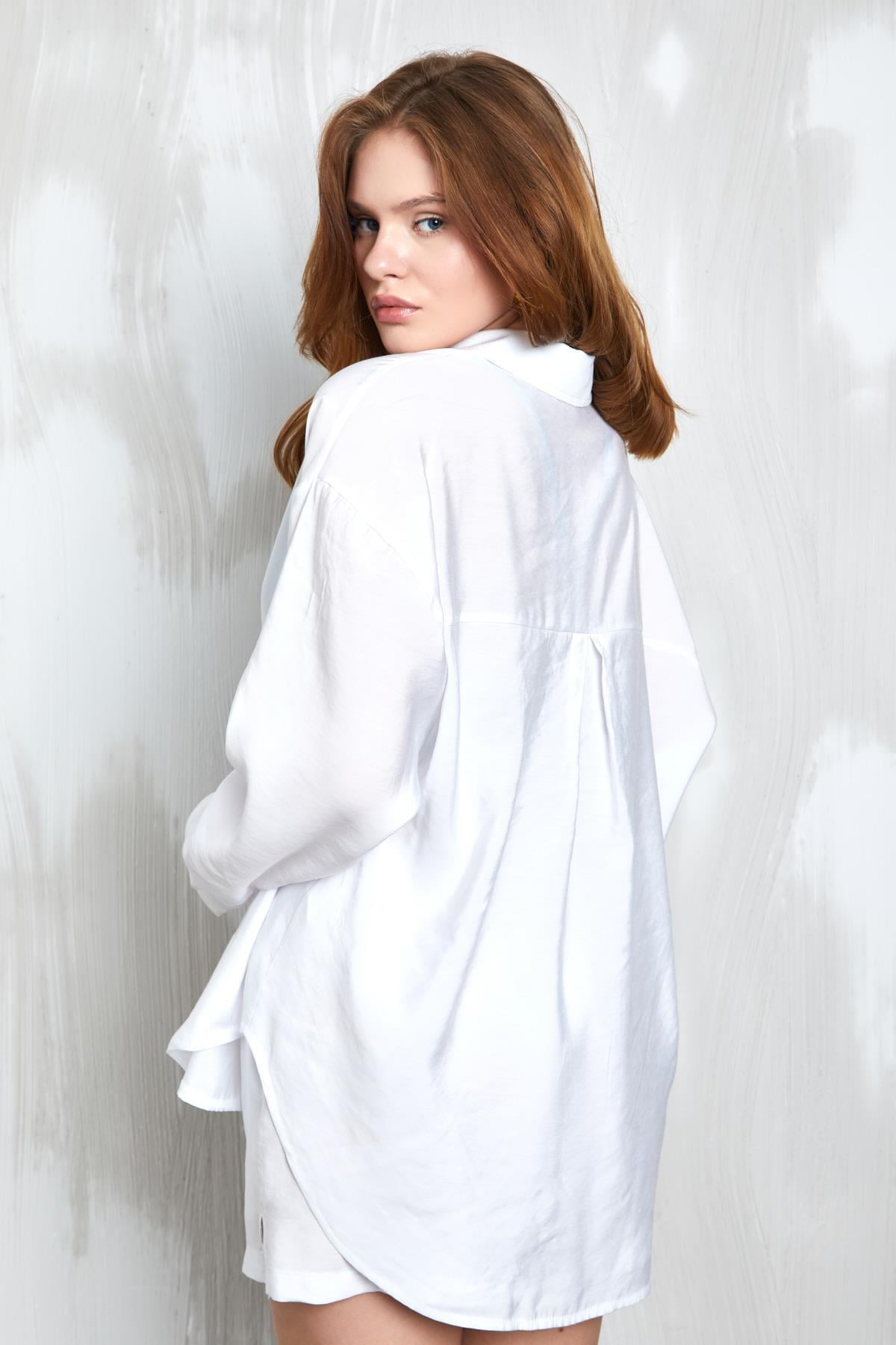 Beyaz Modal Kumaş Oversize Gömlek/Şort Alt-Üst Takım 27376