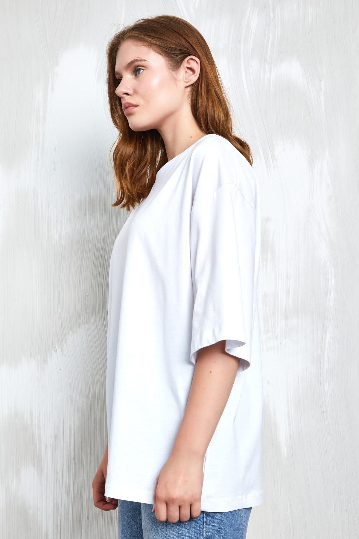 Beyaz Oversize Basic Penye T-shirt 25358