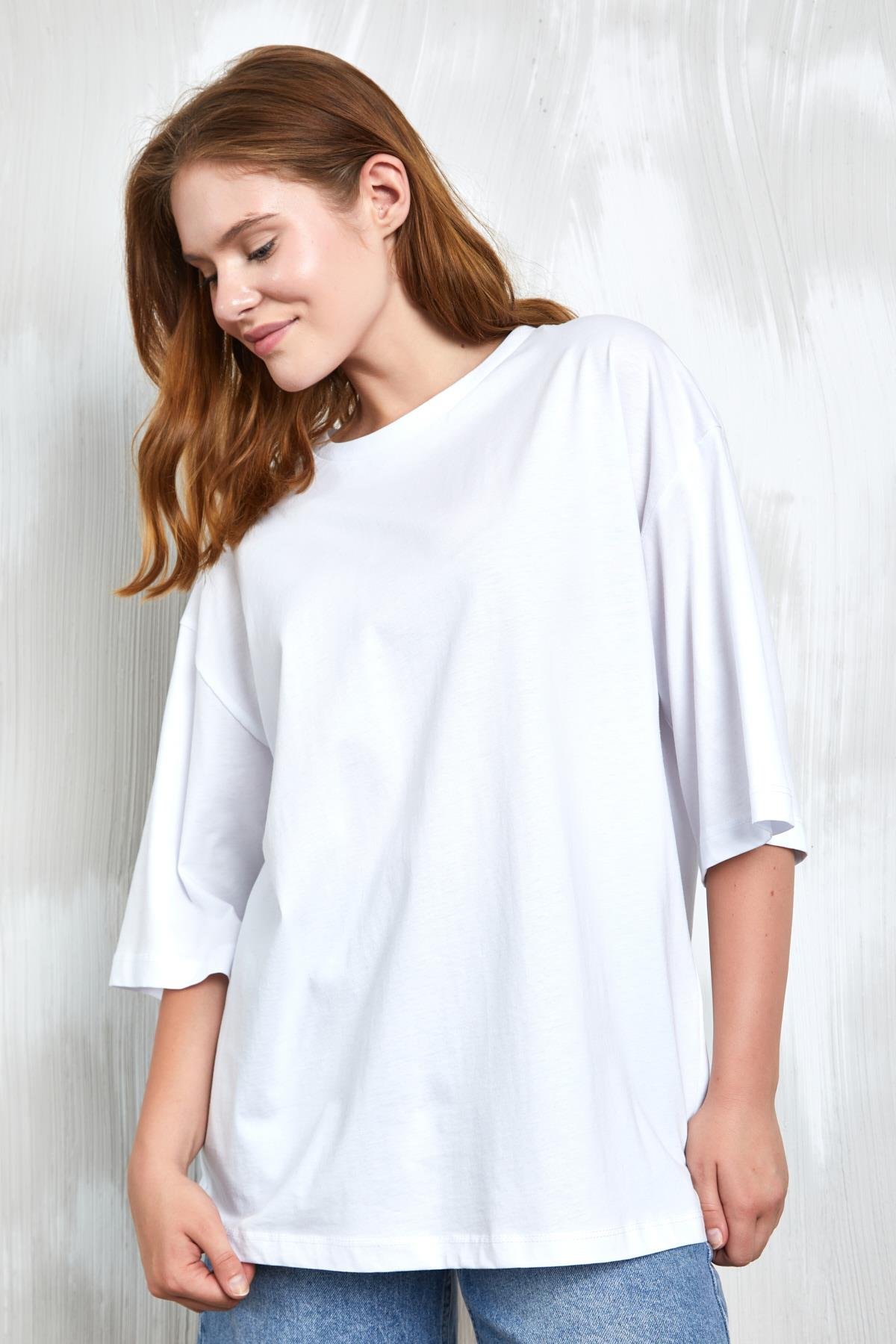 Beyaz Oversize Basic Penye T-shirt 25358