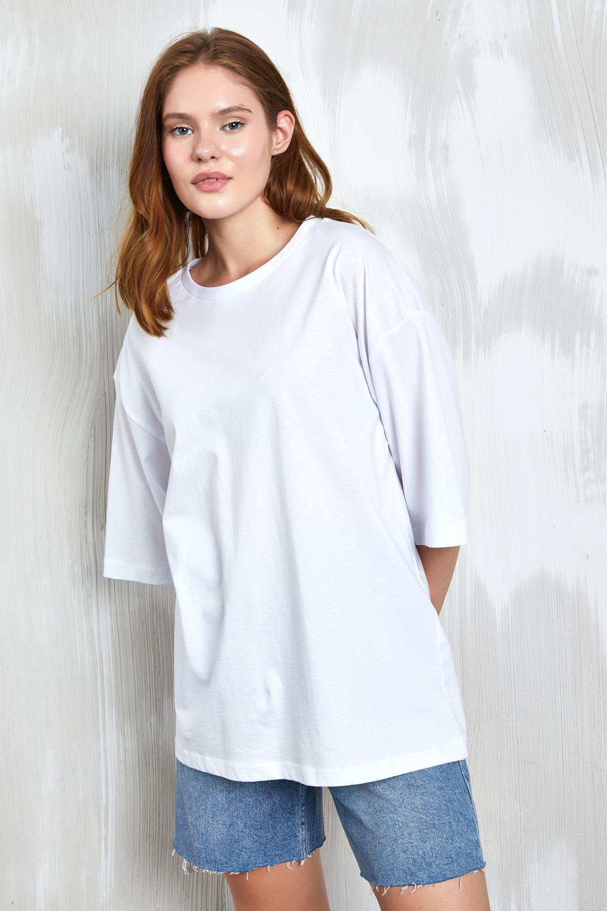 Beyaz Oversize Basic Penye T-shirt 25358