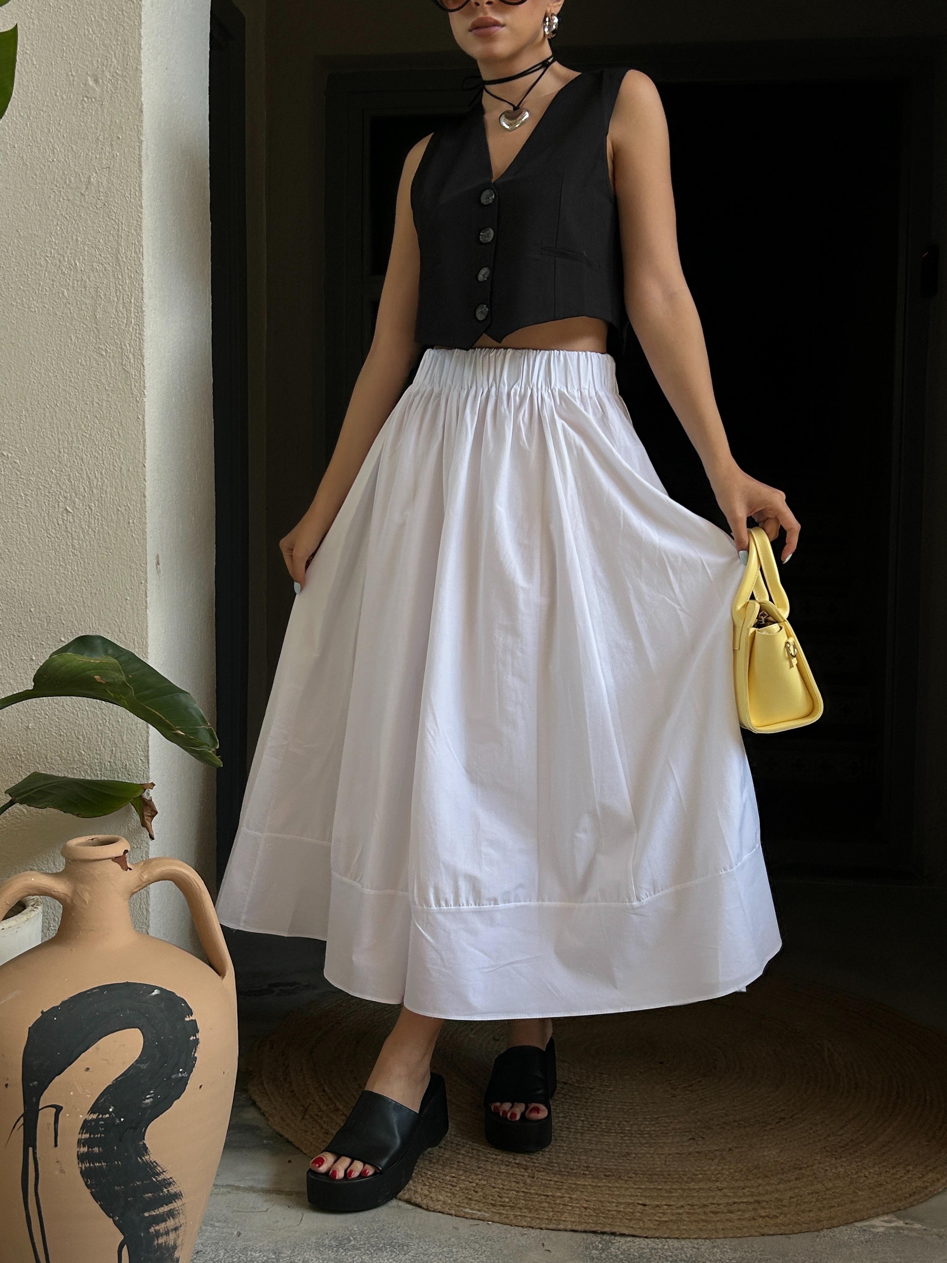 Beyaz Poplin Beli Lastikli Uzun Etek 27321