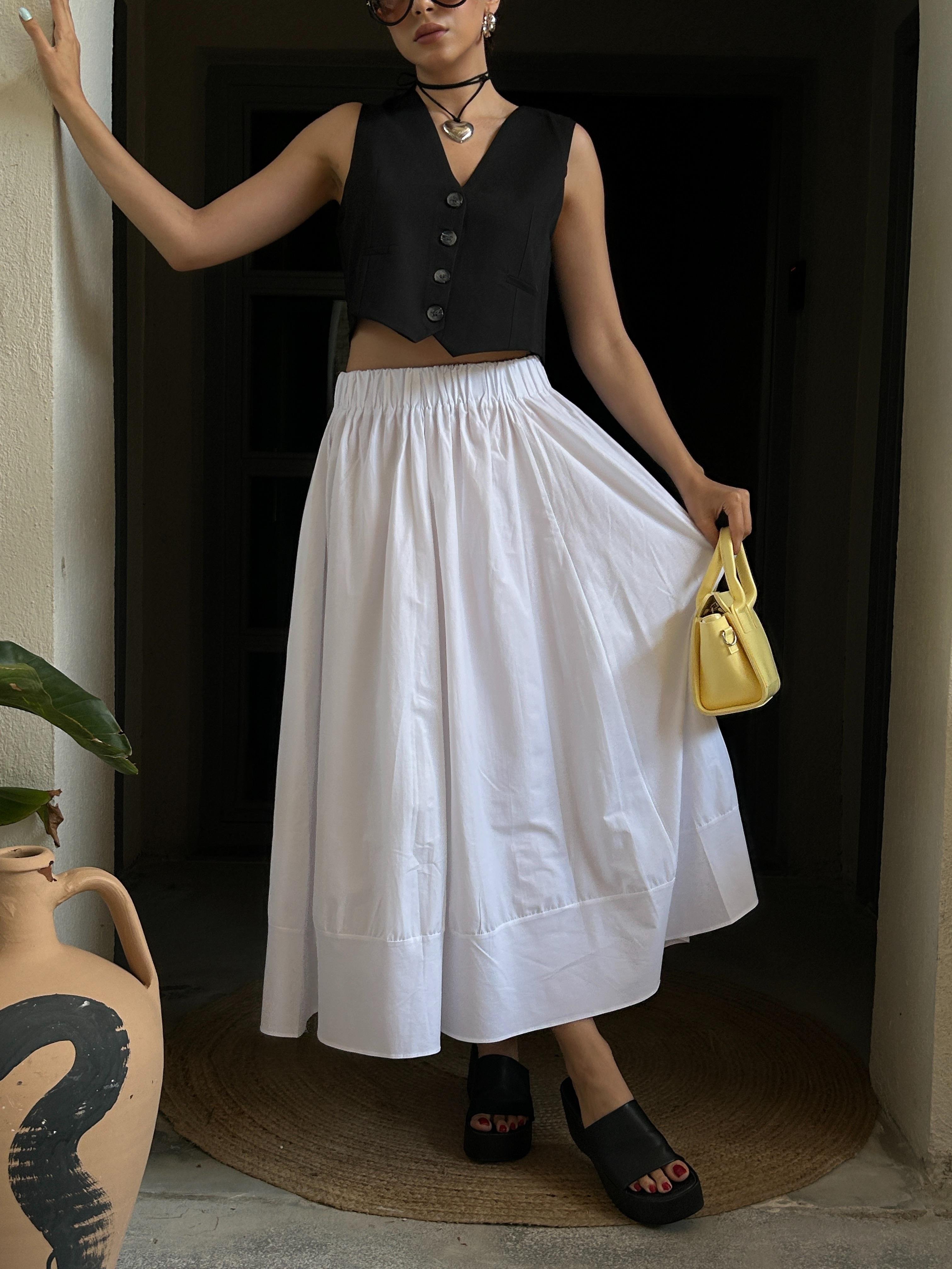 Beyaz Poplin Beli Lastikli Uzun Etek 27321