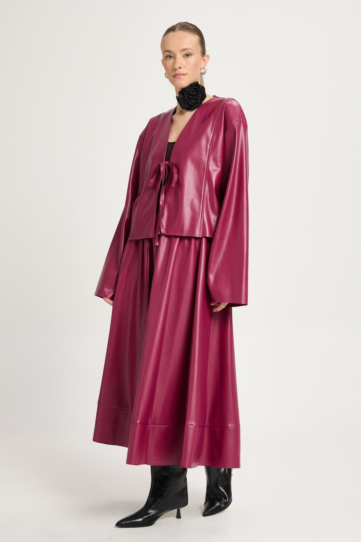 Bordo Deri Önden Bağlamalı Kısa Ceket Kimono 30023