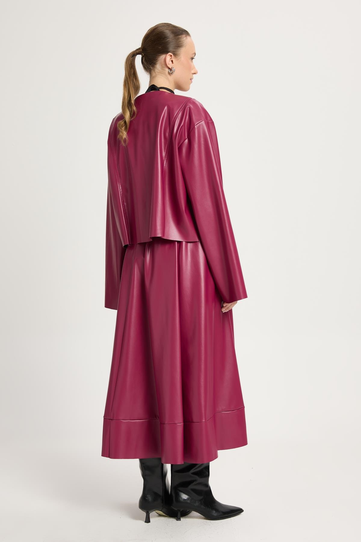 Bordo Deri Önden Bağlamalı Kısa Ceket Kimono 30023