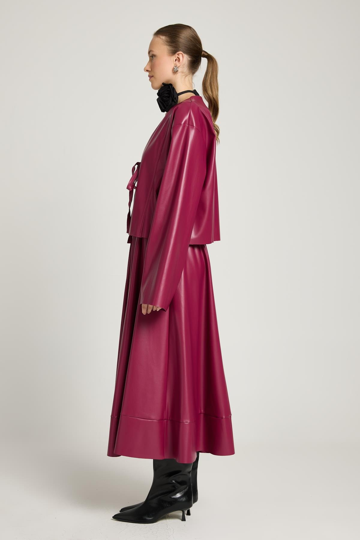 Bordo Deri Önden Bağlamalı Kısa Ceket Kimono 30023