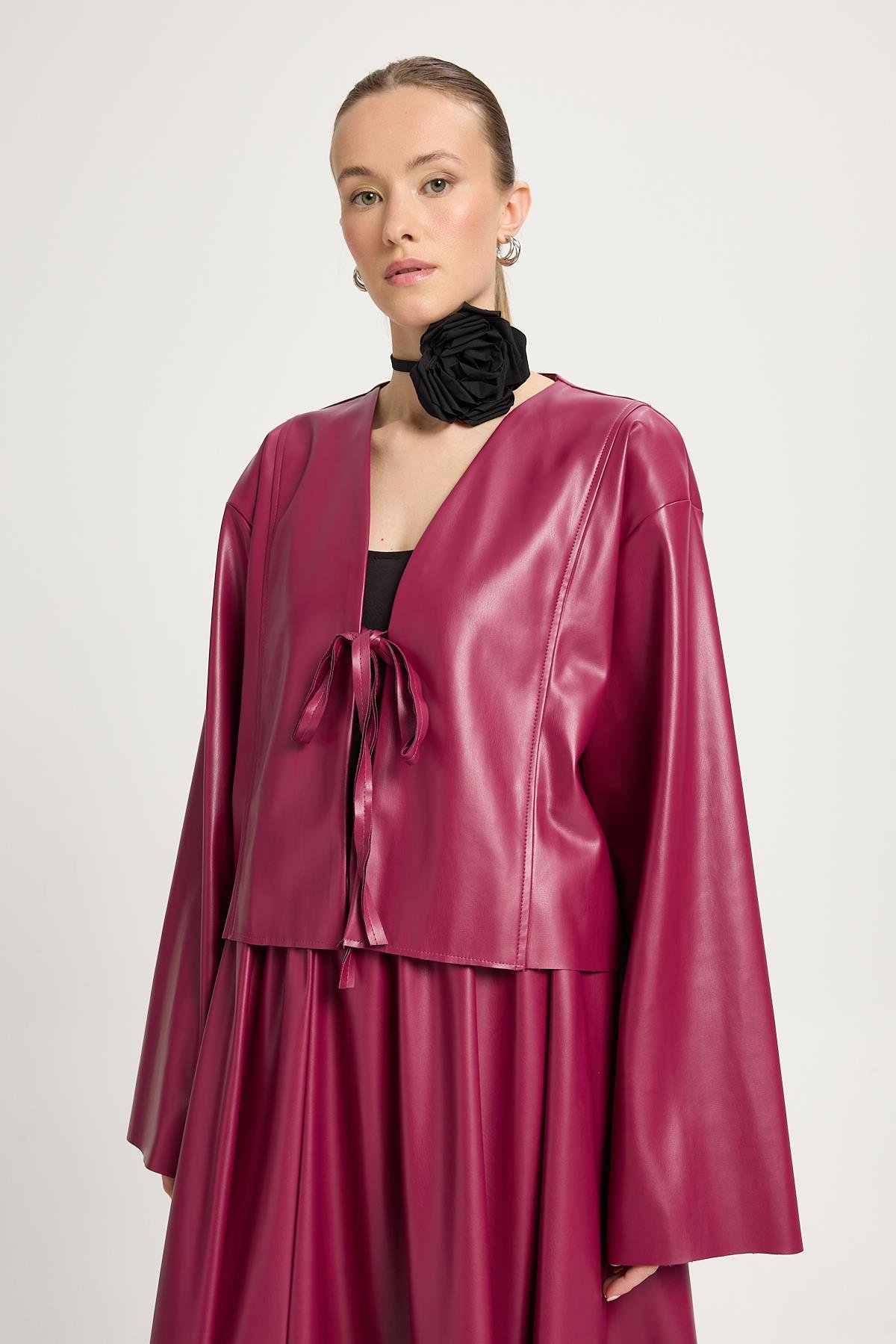 Bordo Deri Önden Bağlamalı Kısa Ceket Kimono 30023