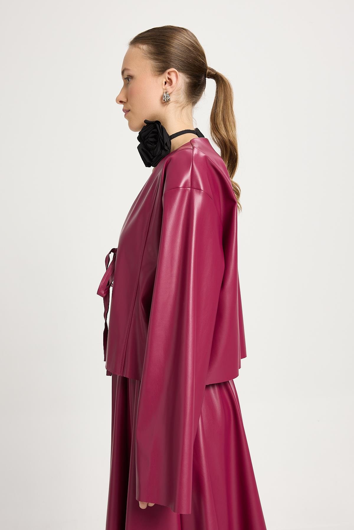 Bordo Deri Önden Bağlamalı Kısa Ceket Kimono 30023