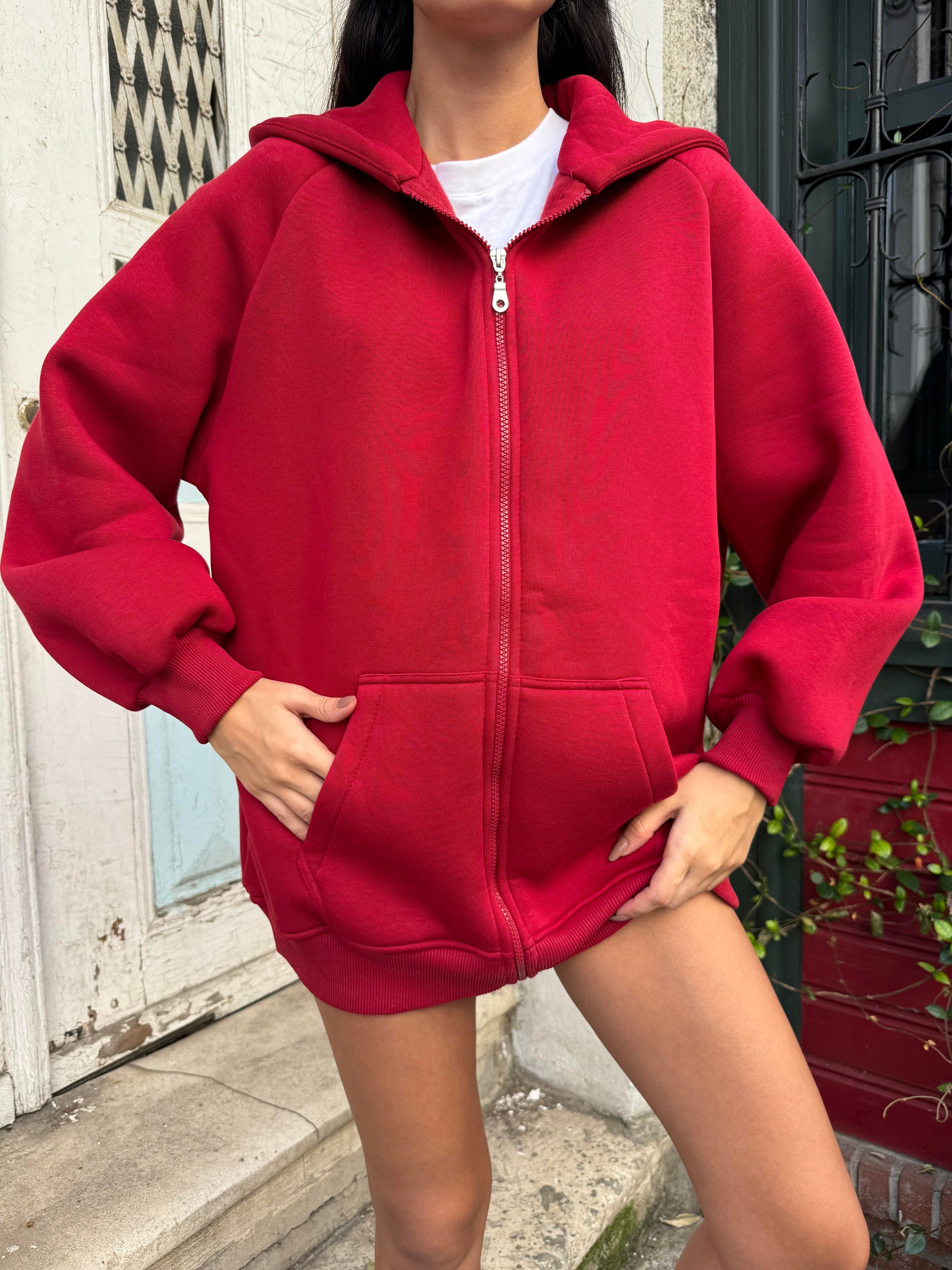 Bordo Fermuarlı Kapüşonlu Unisex Şardonlu Oversize Sweatshirt 28217
