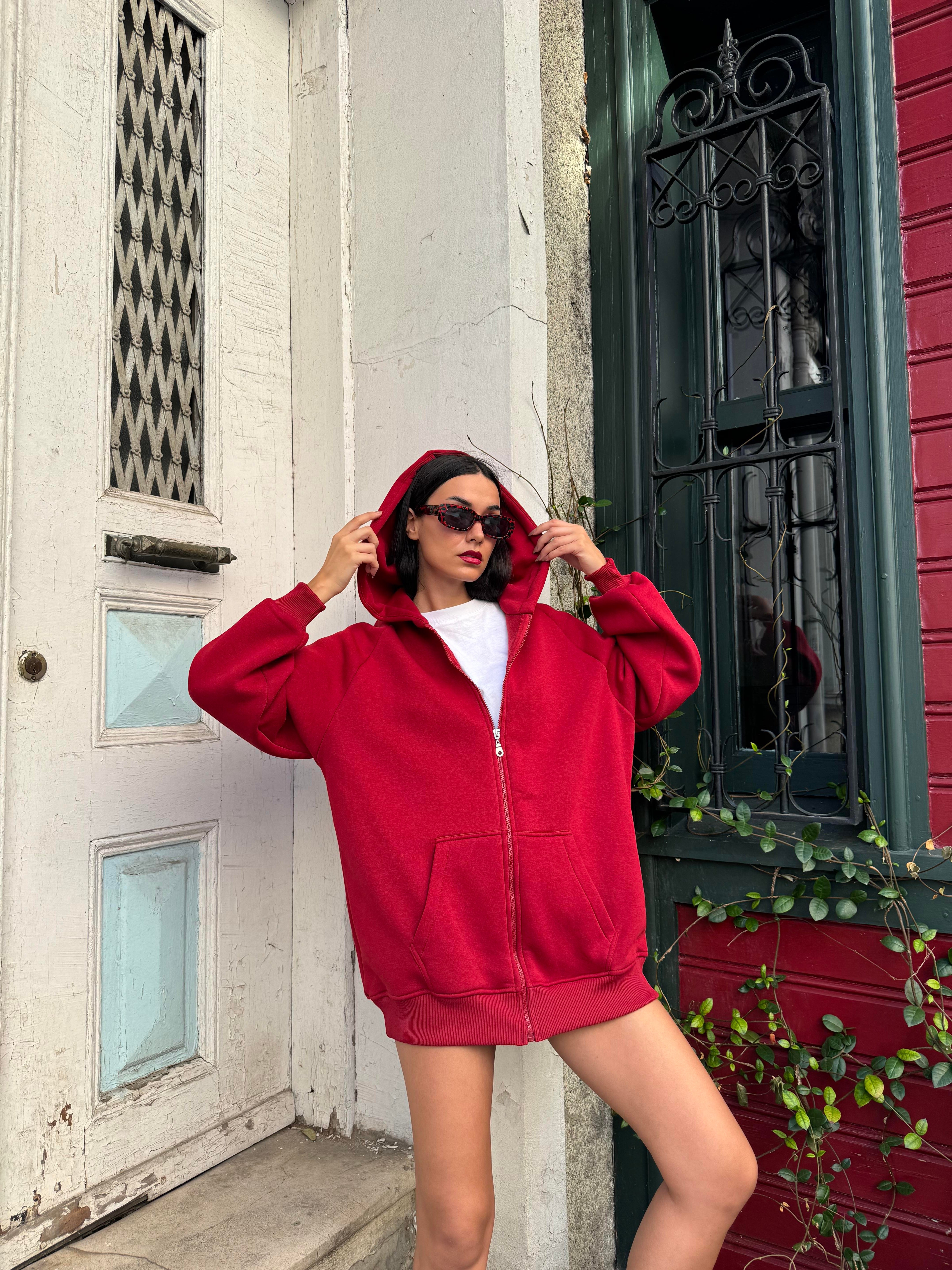 Bordo Fermuarlı Kapüşonlu Unisex Şardonlu Oversize Sweatshirt 28217