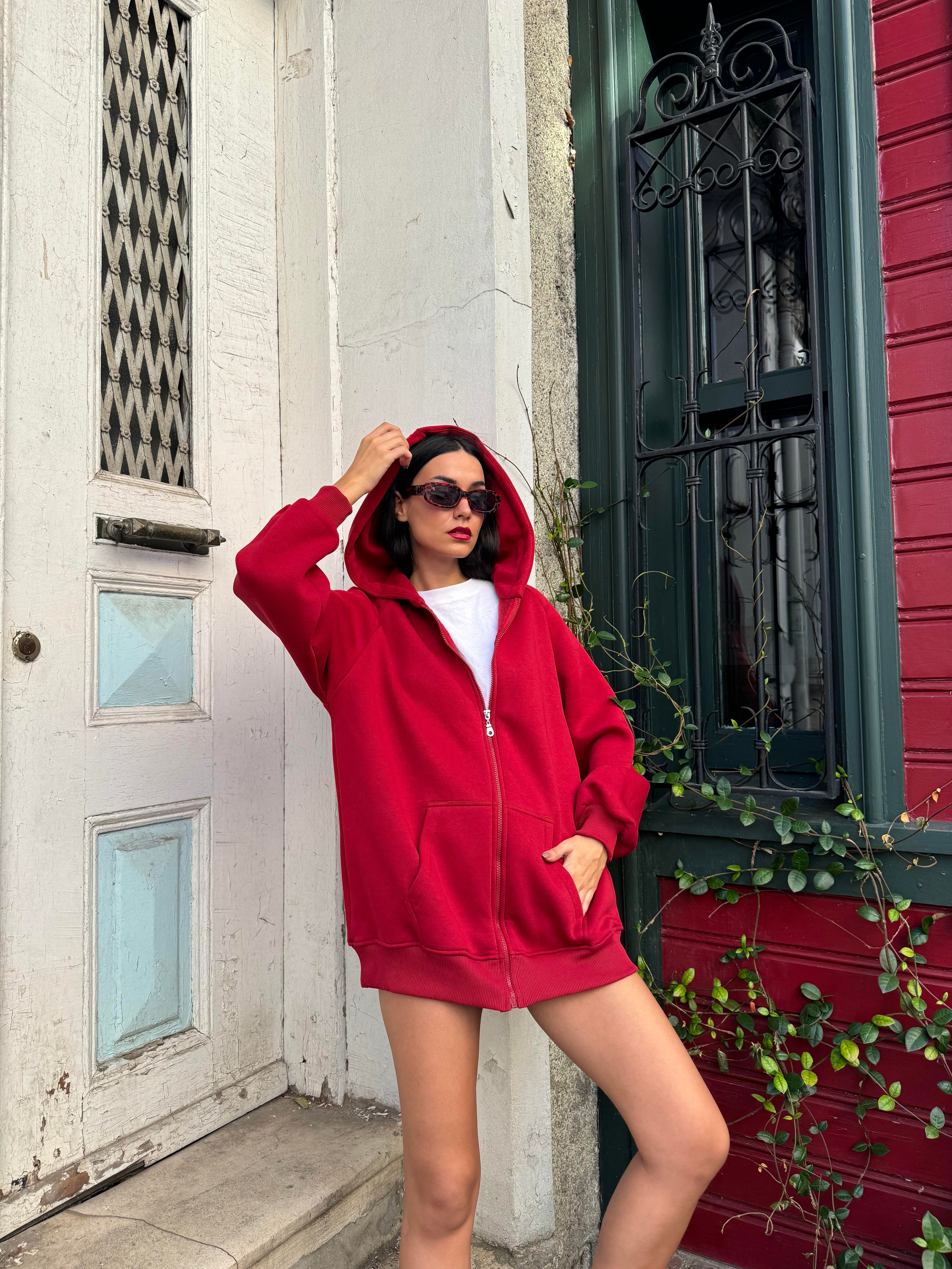 Bordo Fermuarlı Kapüşonlu Unisex Şardonlu Oversize Sweatshirt 28217