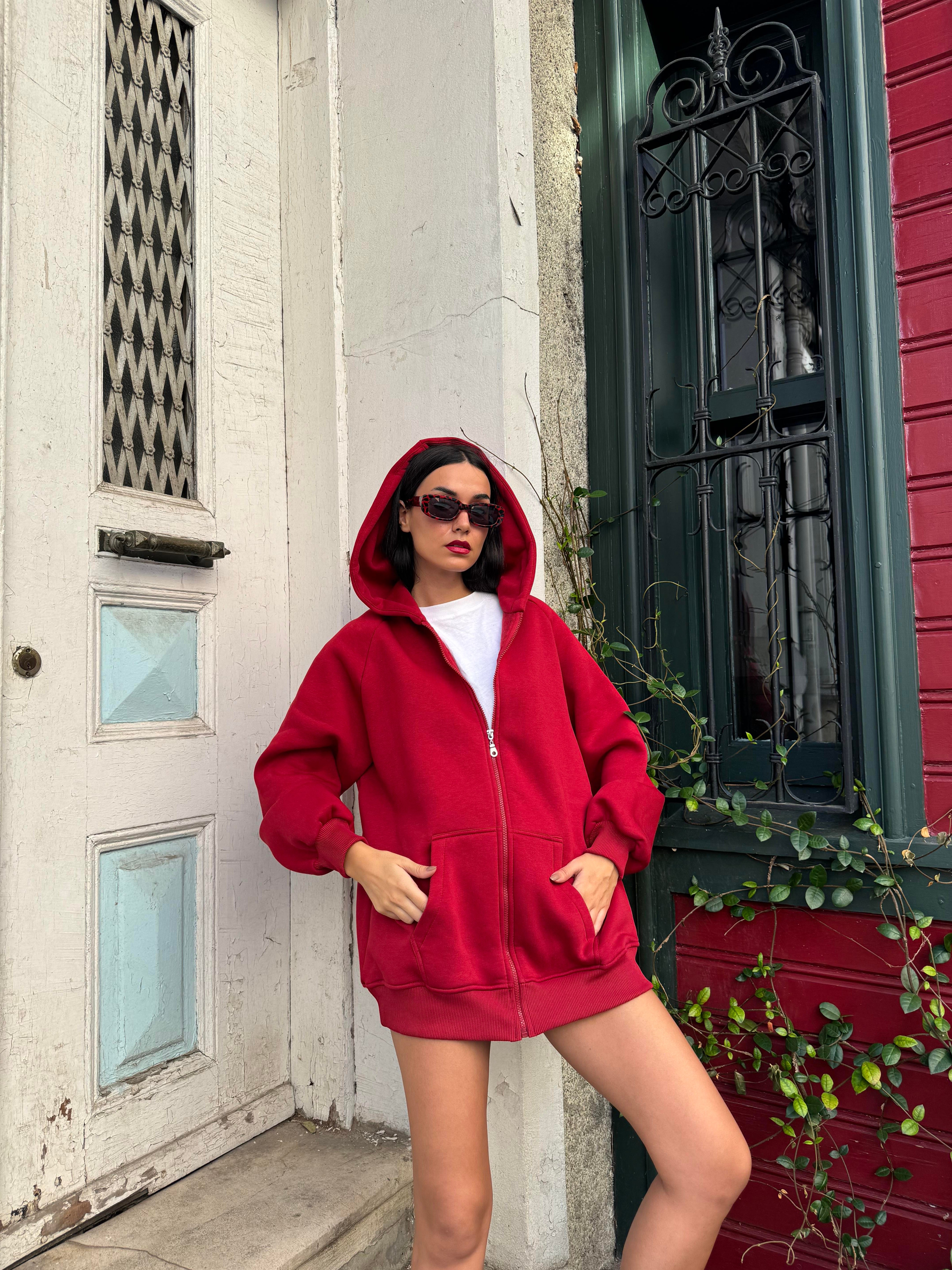 Bordo Fermuarlı Kapüşonlu Unisex Şardonlu Oversize Sweatshirt 28217