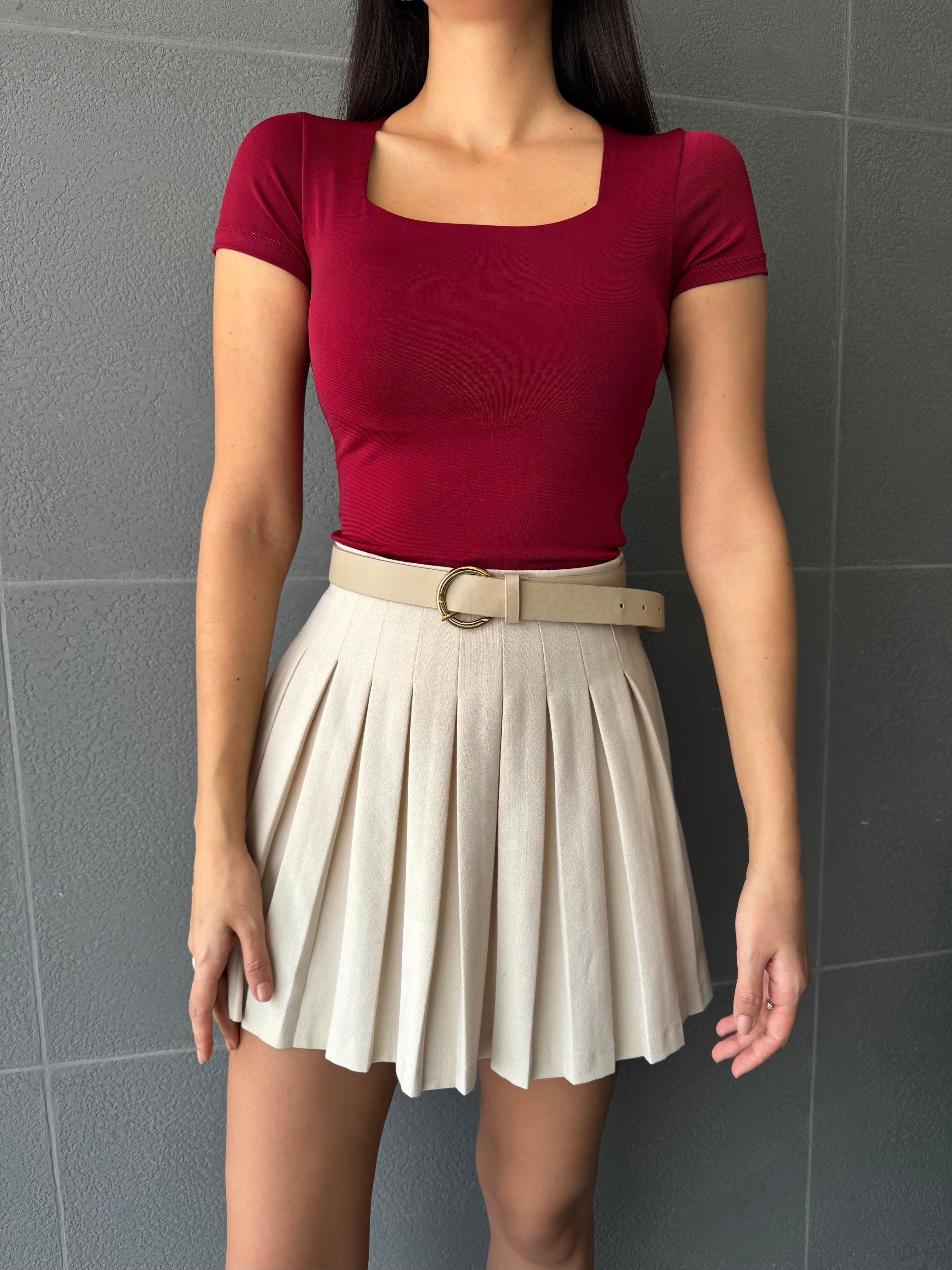 Bordo Kare Yaka Kısa Kollu Slimfit Basic Body 27174