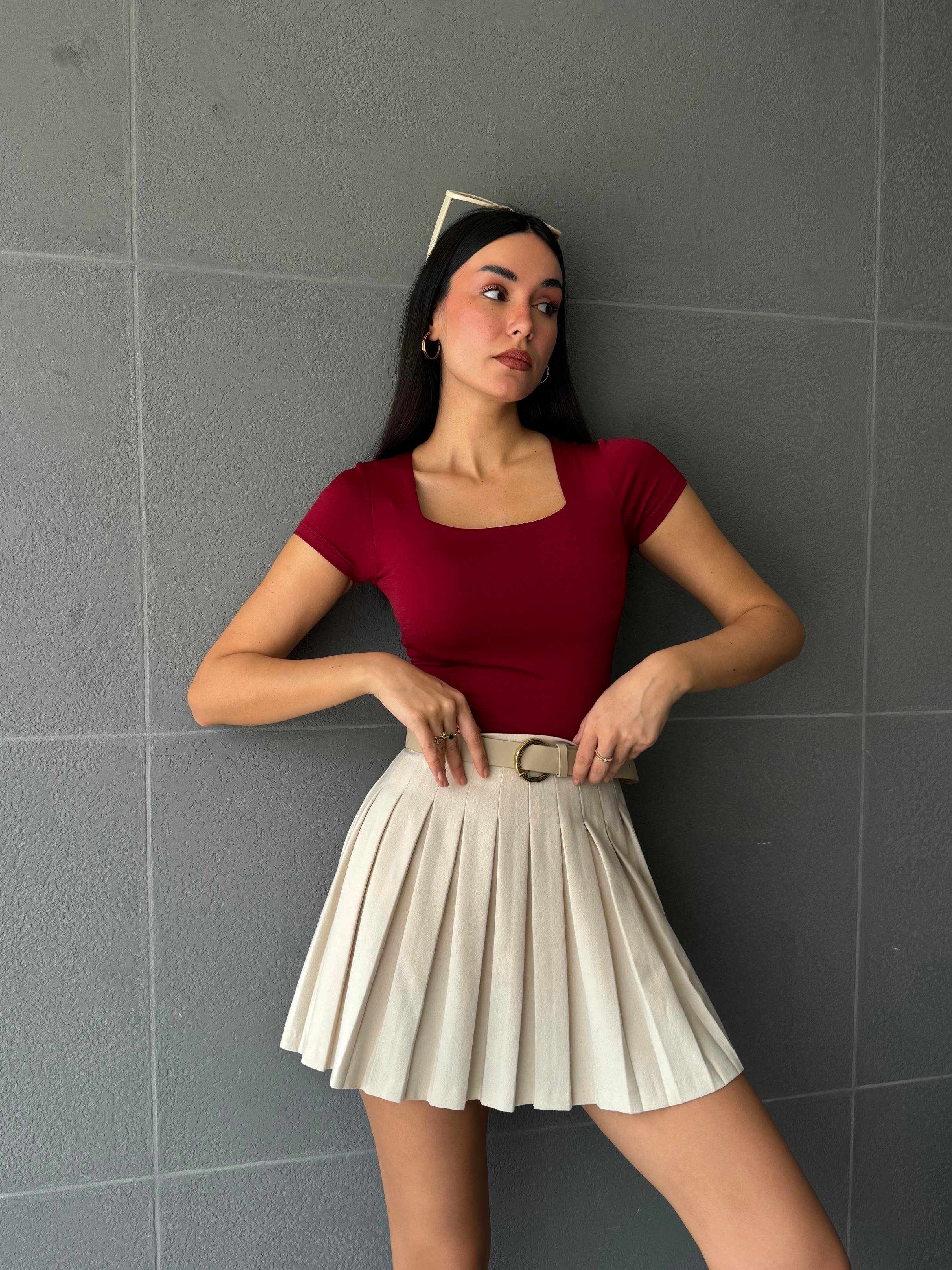 Bordo Kare Yaka Kısa Kollu Slimfit Basic Body 27174