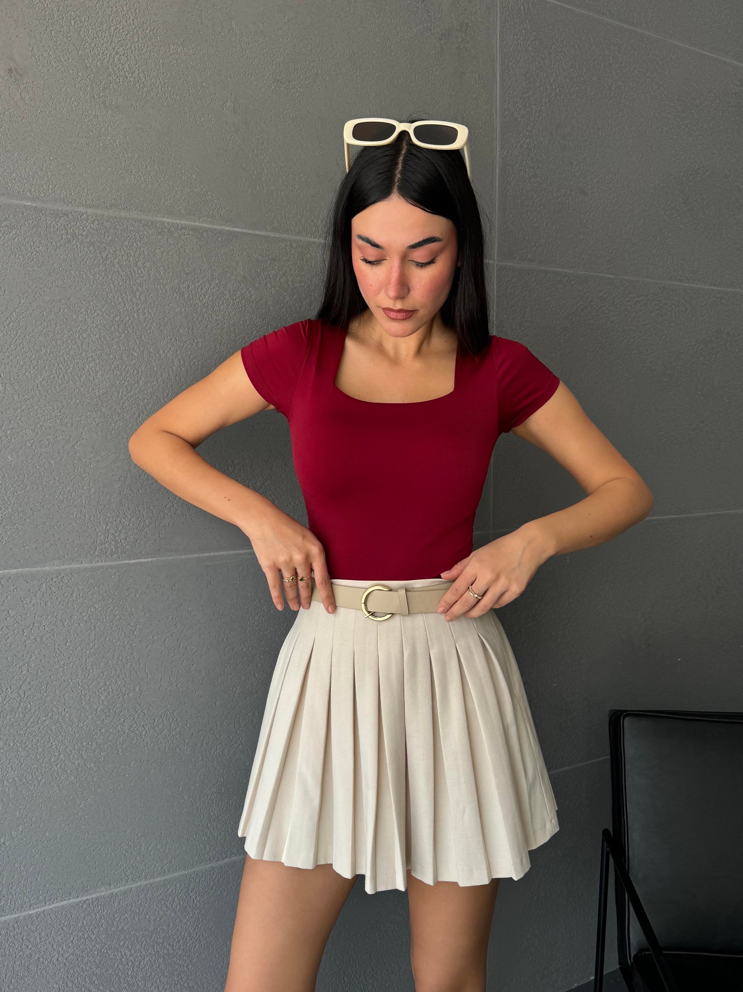 Bordo Kare Yaka Kısa Kollu Slimfit Basic Body 27174