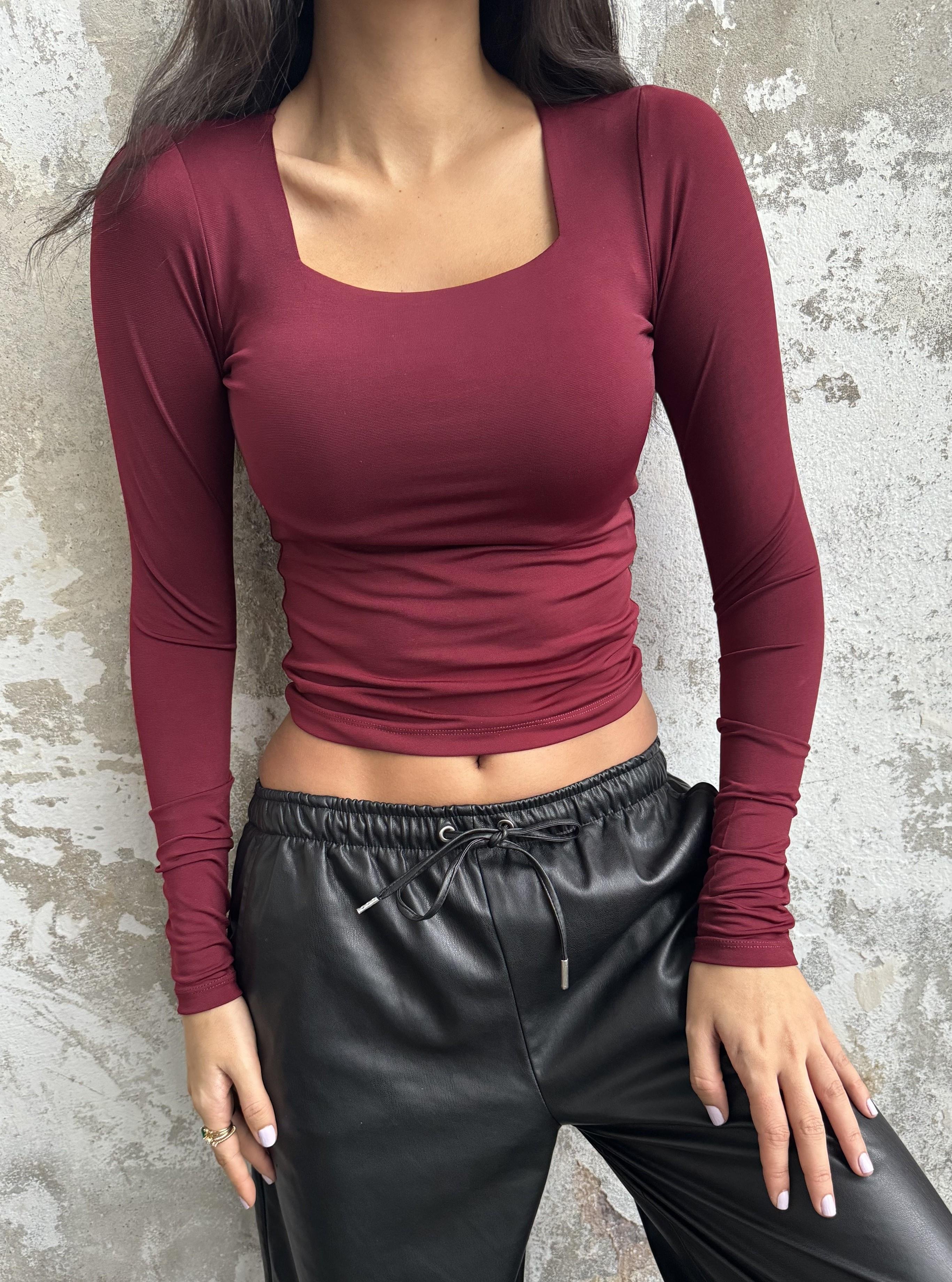 Bordo Kare Yaka Uzun Kollu Slimfit Basic Body 27053