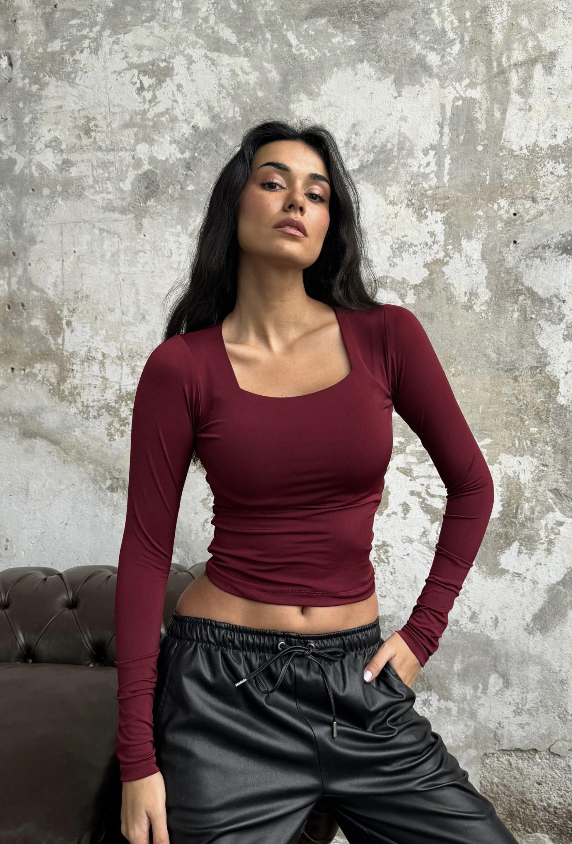Bordo Kare Yaka Uzun Kollu Slimfit Basic Body 27053